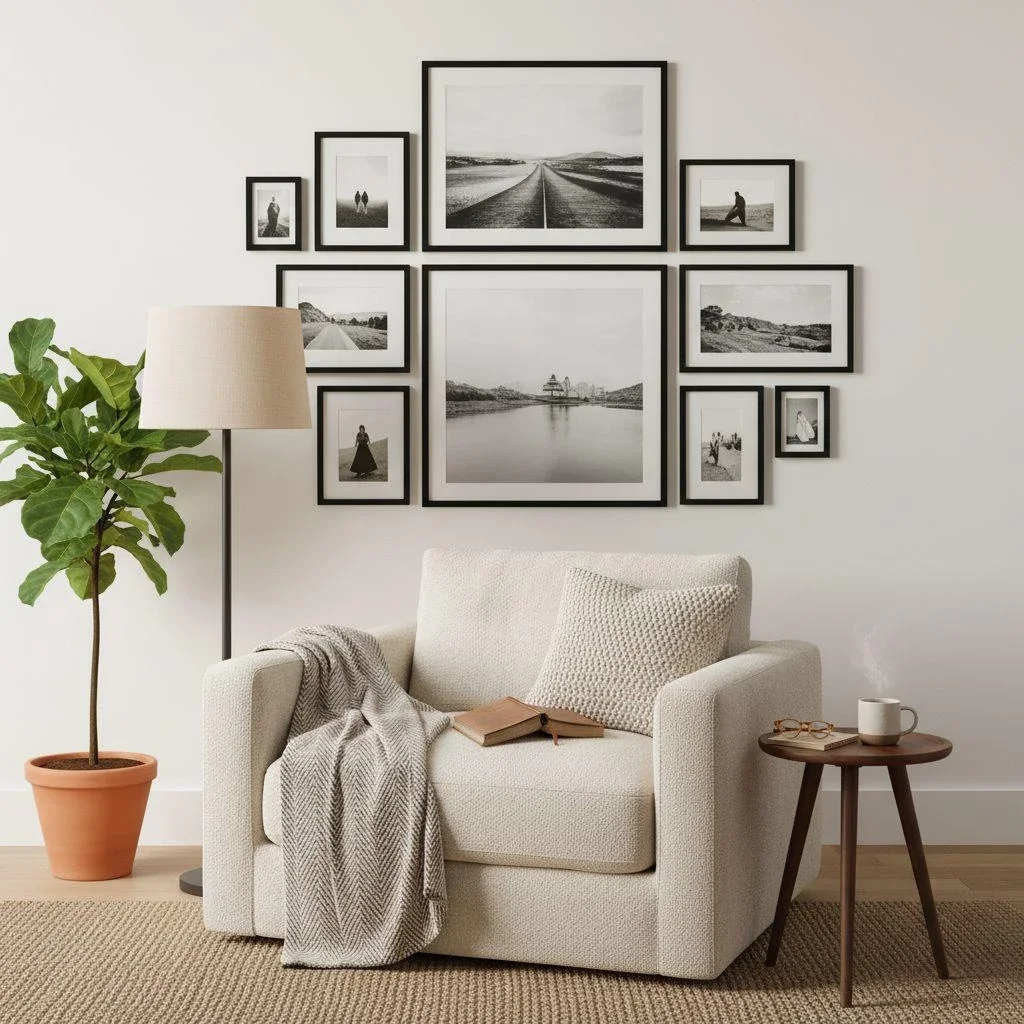 Gallery wall with consistent frame finishes