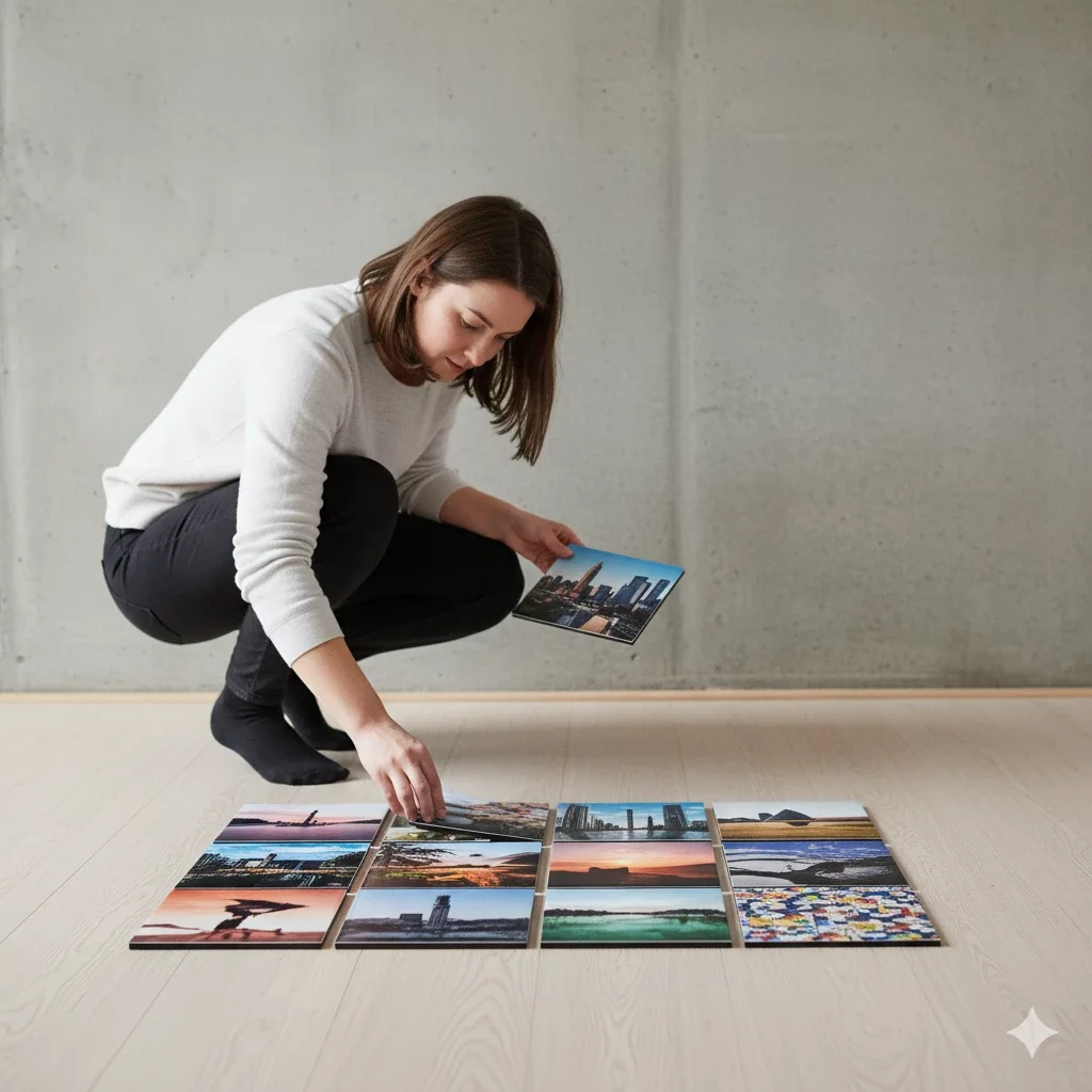 woman arranging photo tiles on floor by concrete wall
