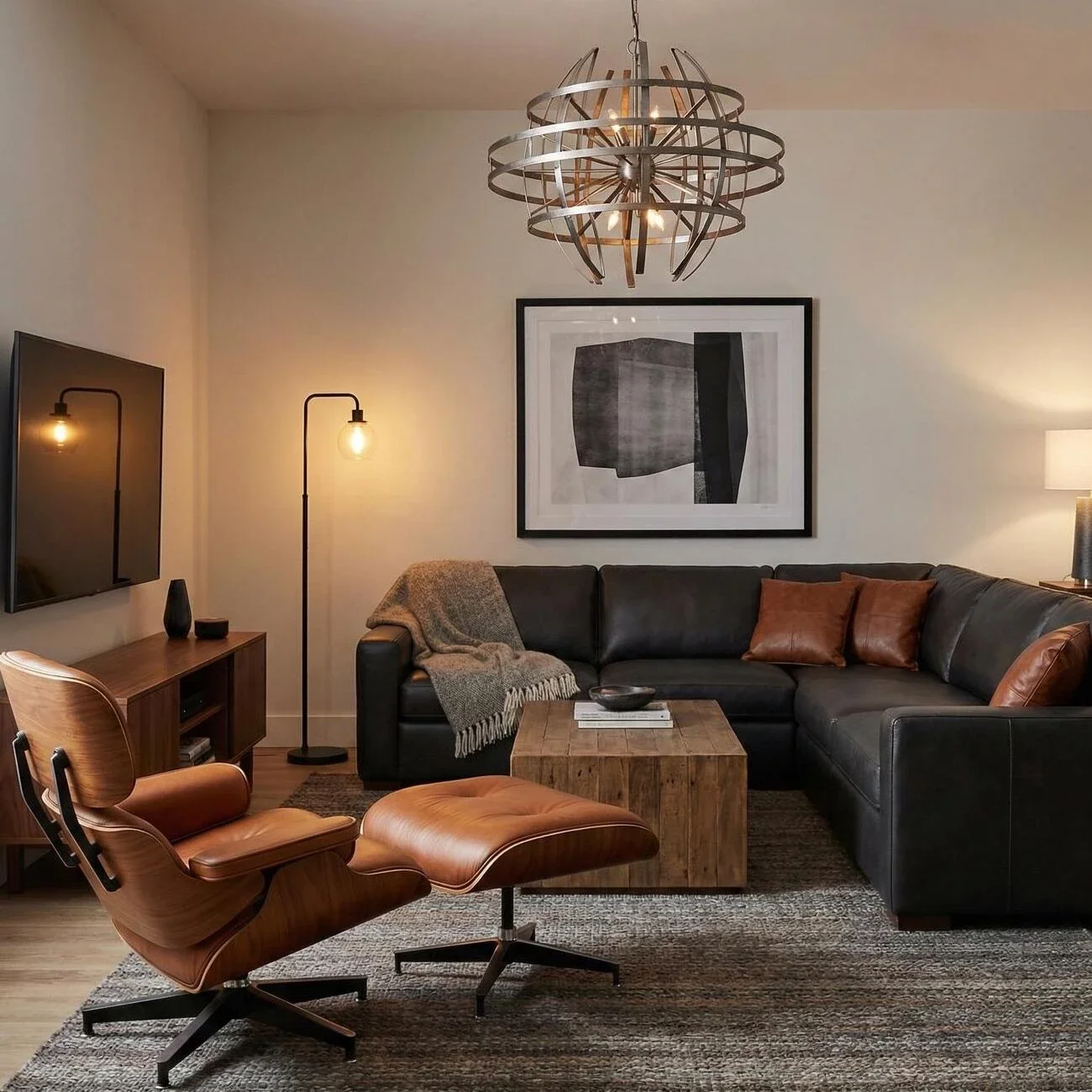 Modern leather living room with warm lighting and sleek decor