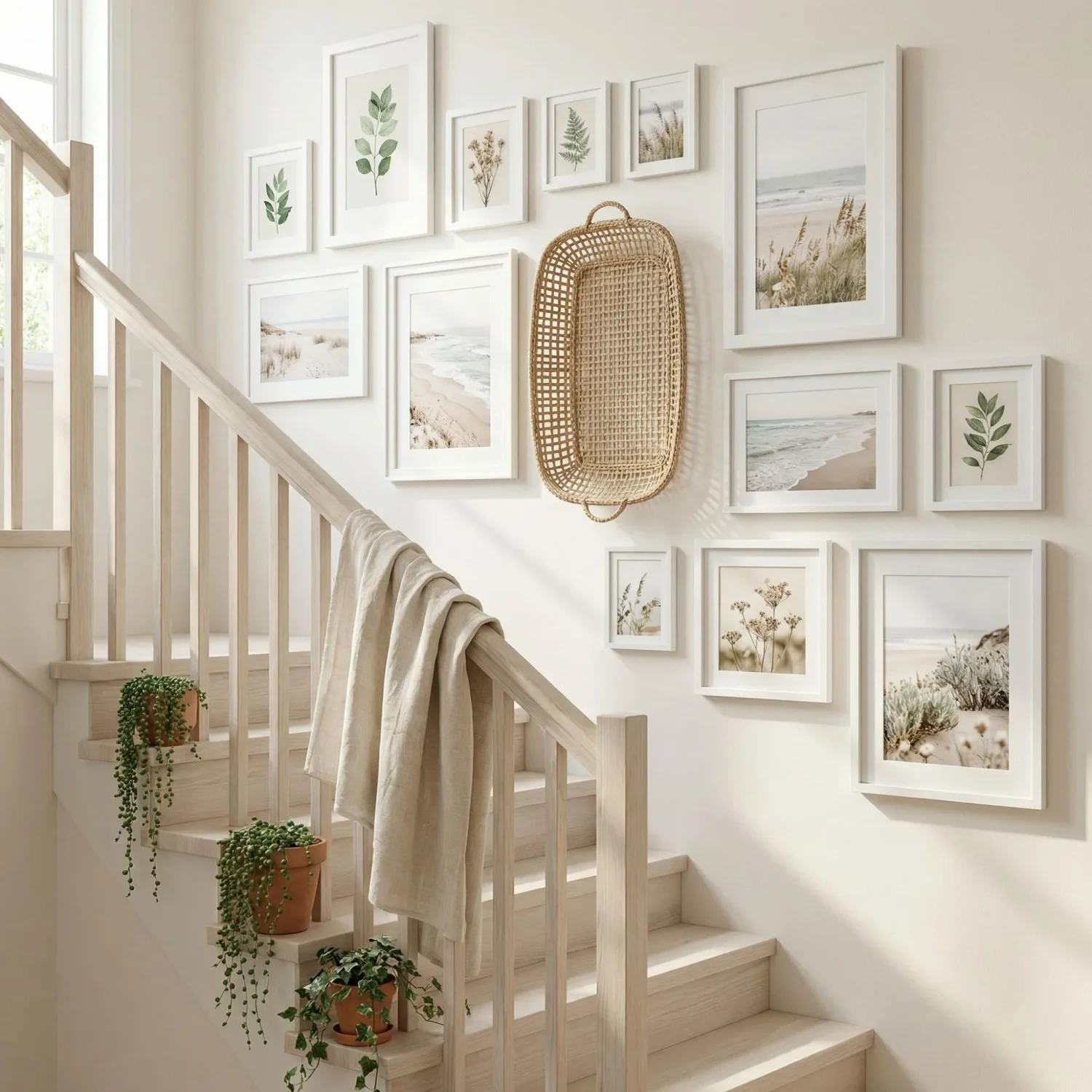 Coastal boho staircase wall with white frames botanicals