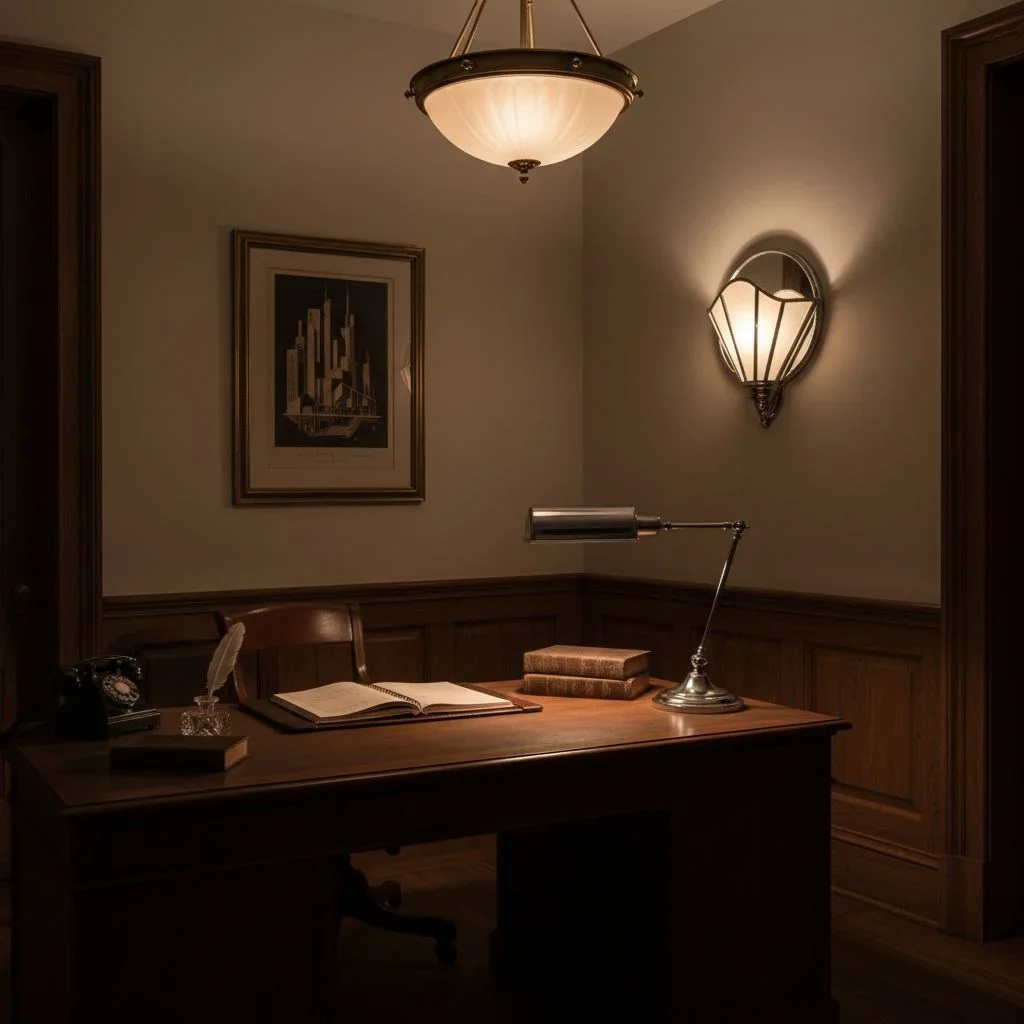 Layered lighting in a 1930s home office at night