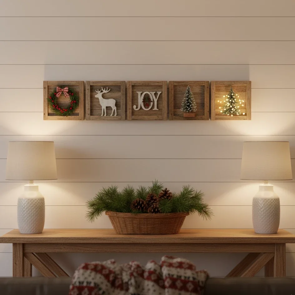 Cozy holiday décor with wooden wall art and warm table lights