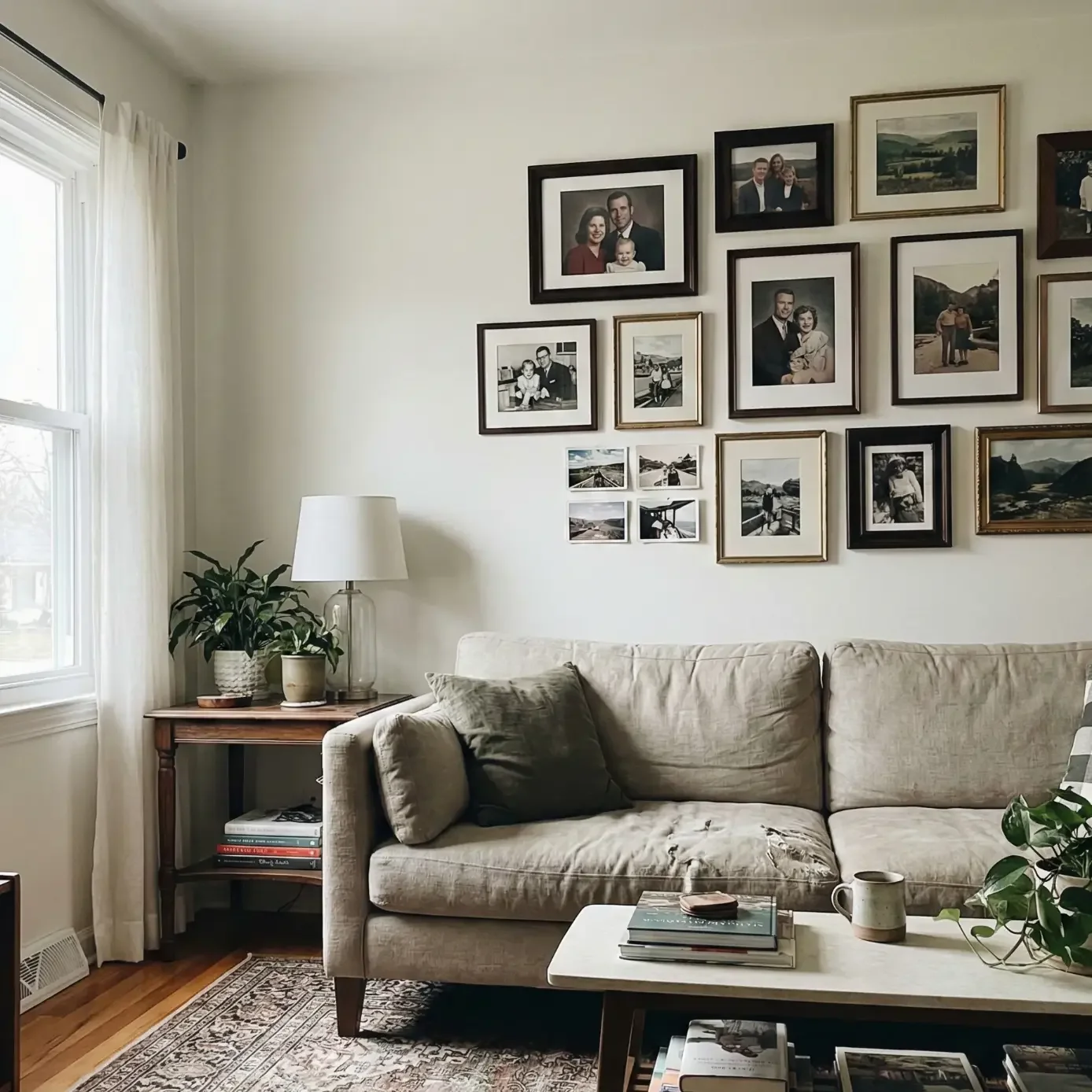 Cozy living room with family photo gallery wall above sofa