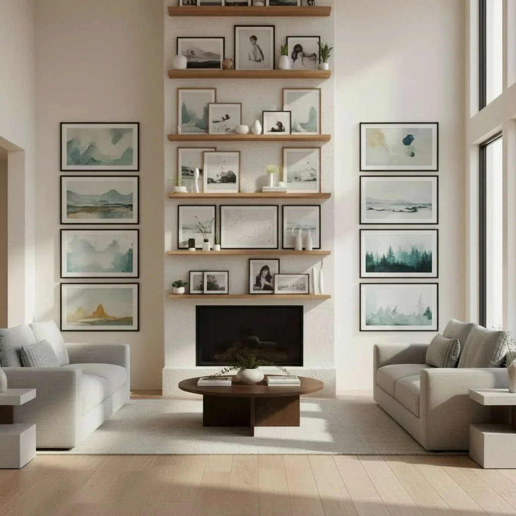 Stacked picture ledges with art and plants