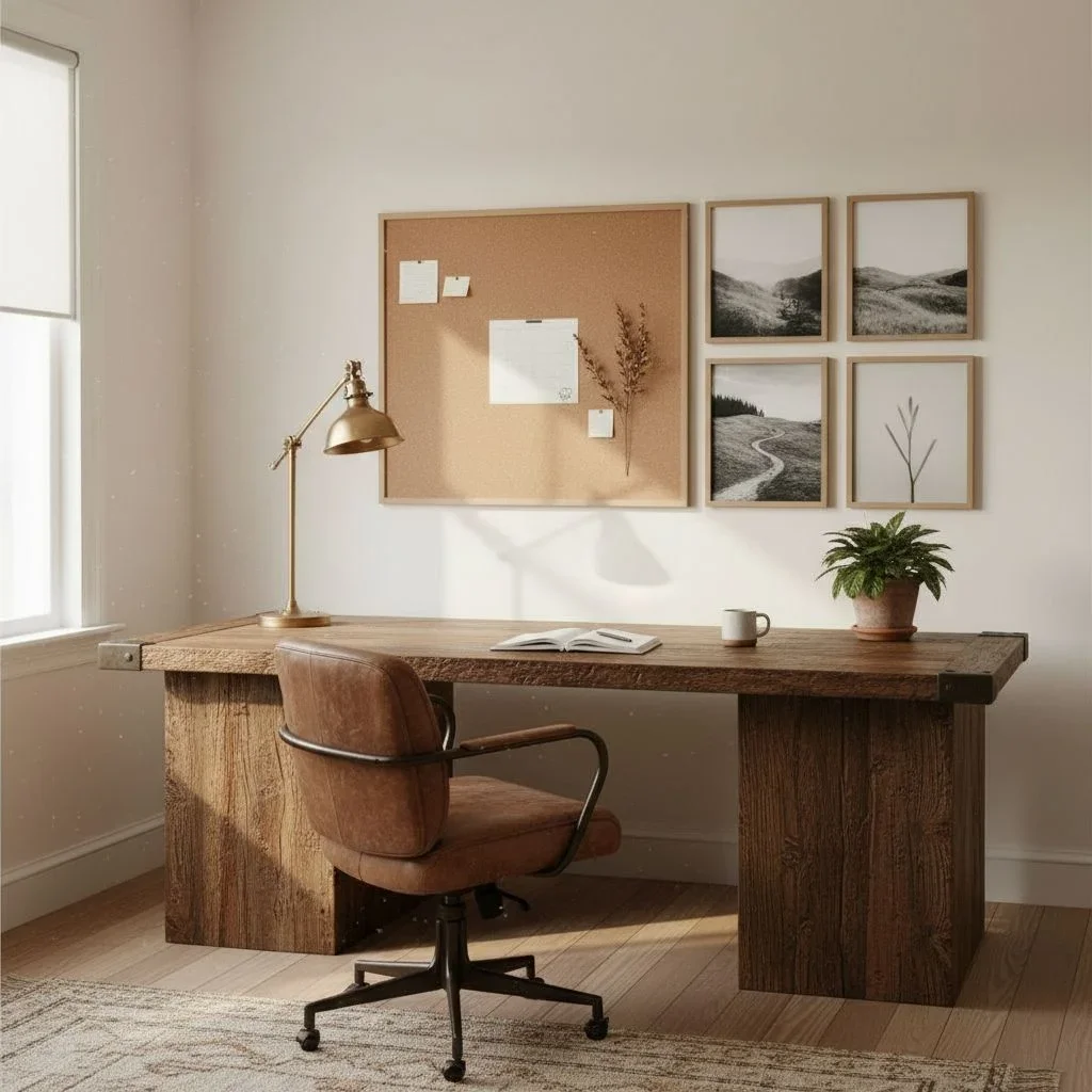Home office with cork board and rustic photo tiles
