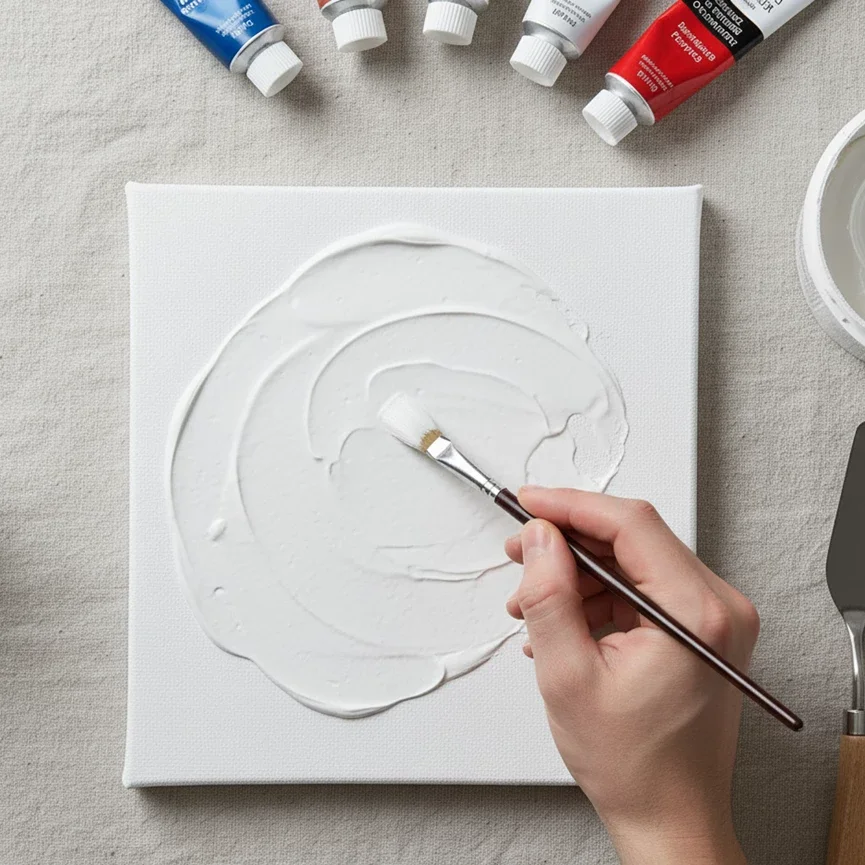 hand brushing white gesso onto square canvas

