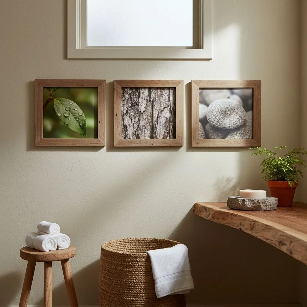 Rustic bathroom with nature-themed art and spa accents