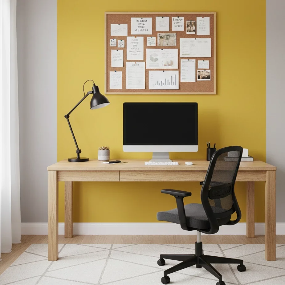 Minimal home office with wooden desk and yellow accent wall