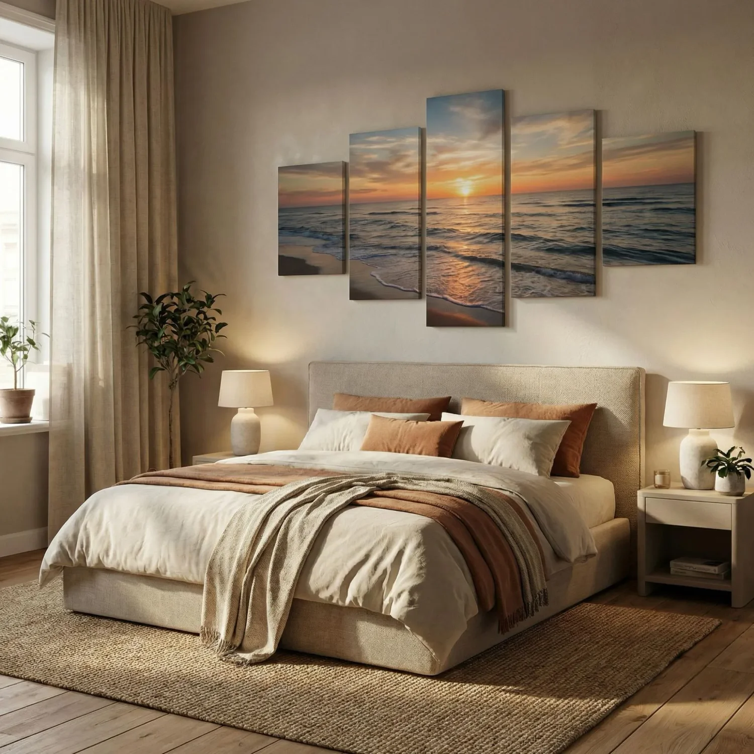 5-panel split canvas above bed, tall center panel