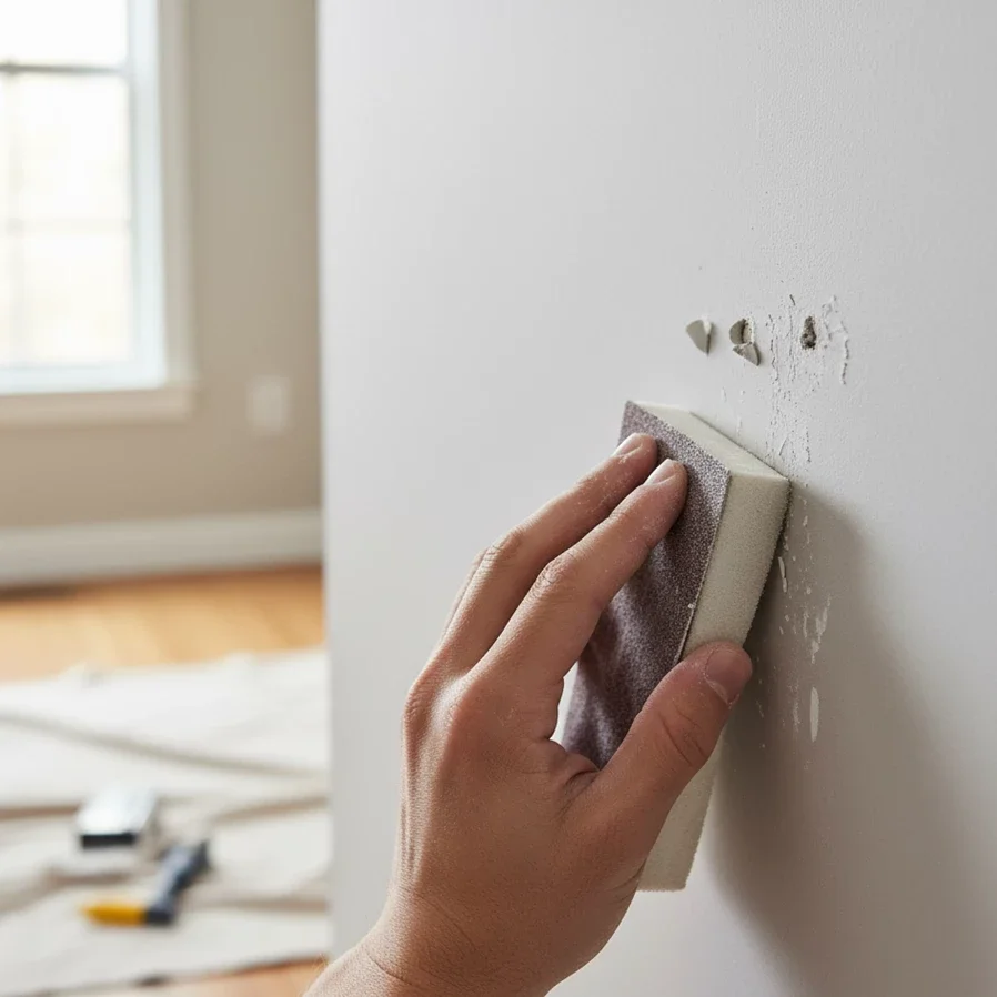 sanding nail holes on white wall with sanding block