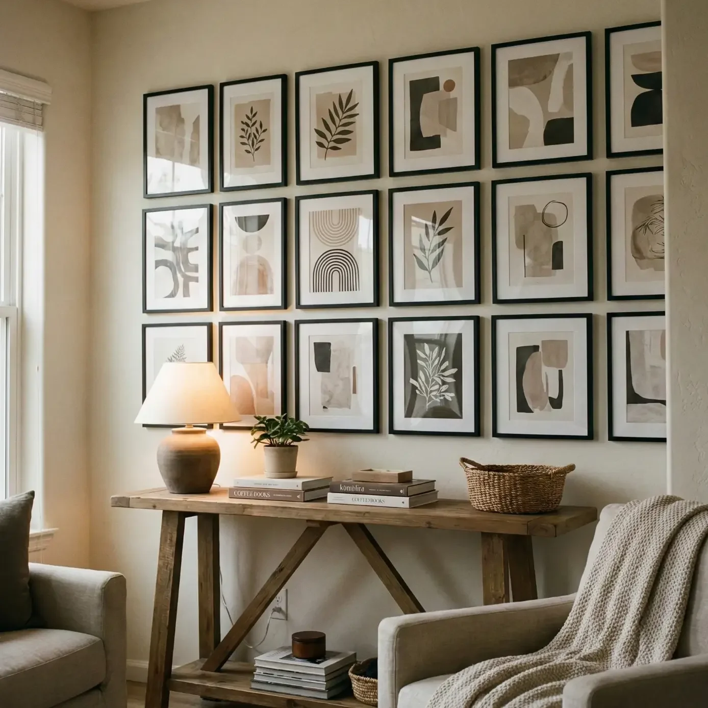Gallery wall of framed prints above rustic console table.