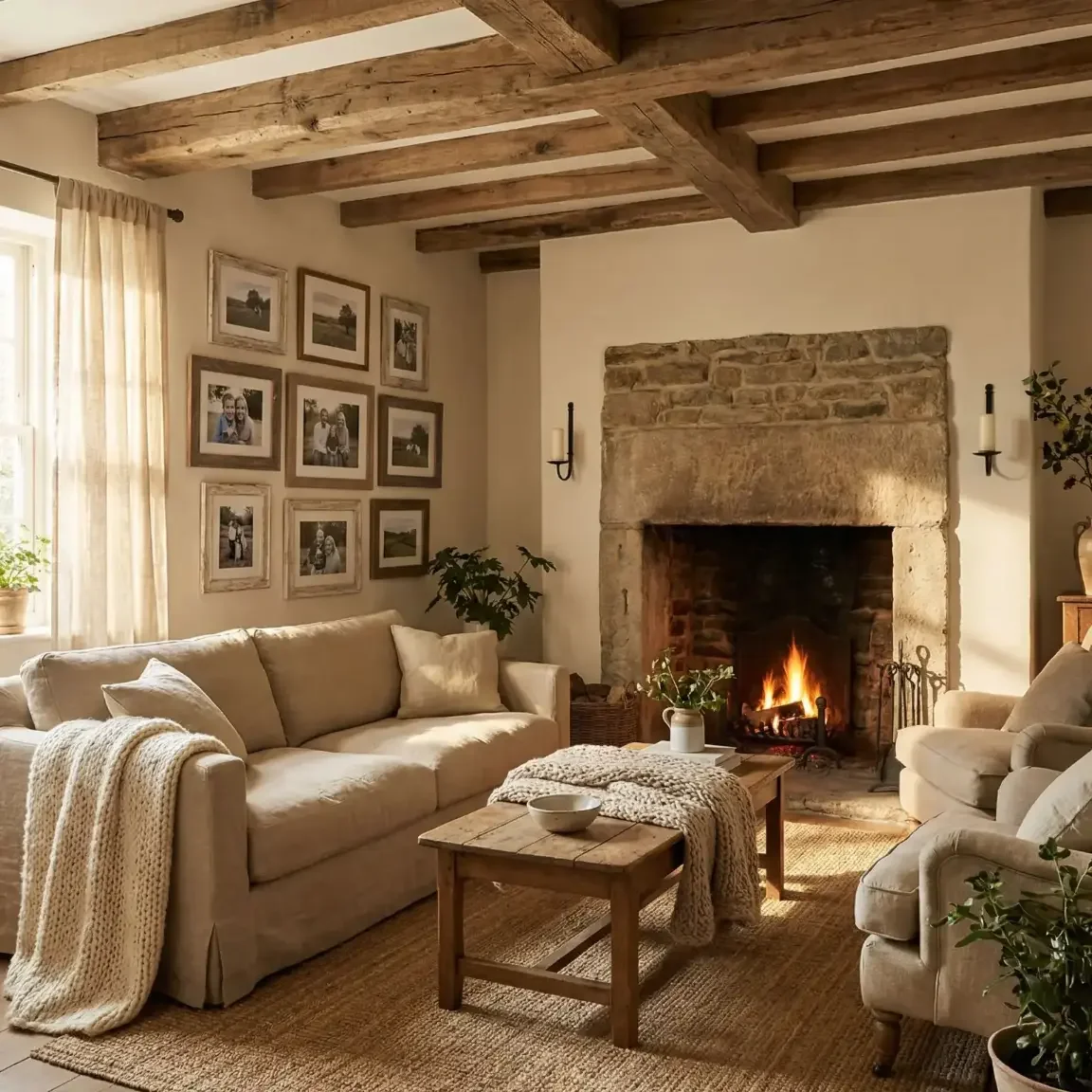 Rustic living room gallery wall with framed photos
