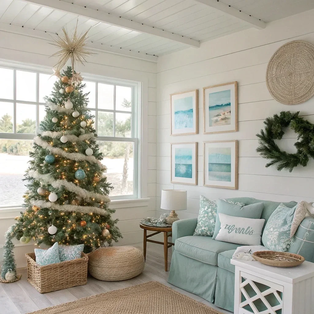 A coastal-inspired Christmas room with sea-glass greens, soft blues, driftwood textures, and a bright gallery wall of beach-themed winter photos in white frames.