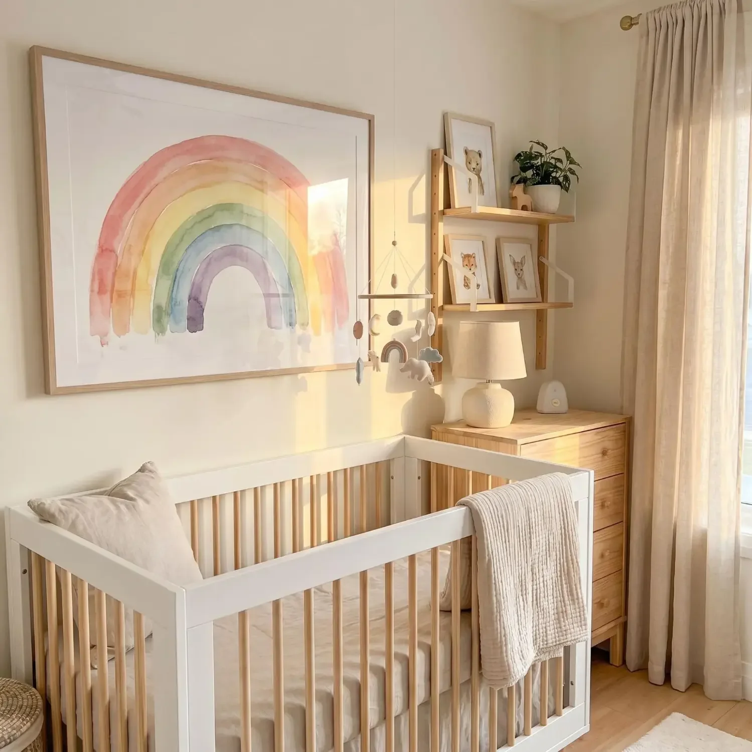 Watercolor rainbow framed art above nursery crib