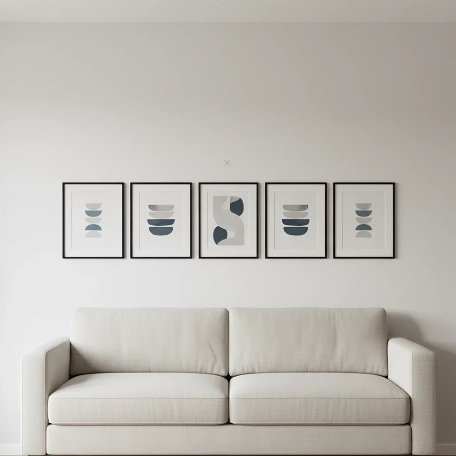 row of five abstract prints above cream sofa