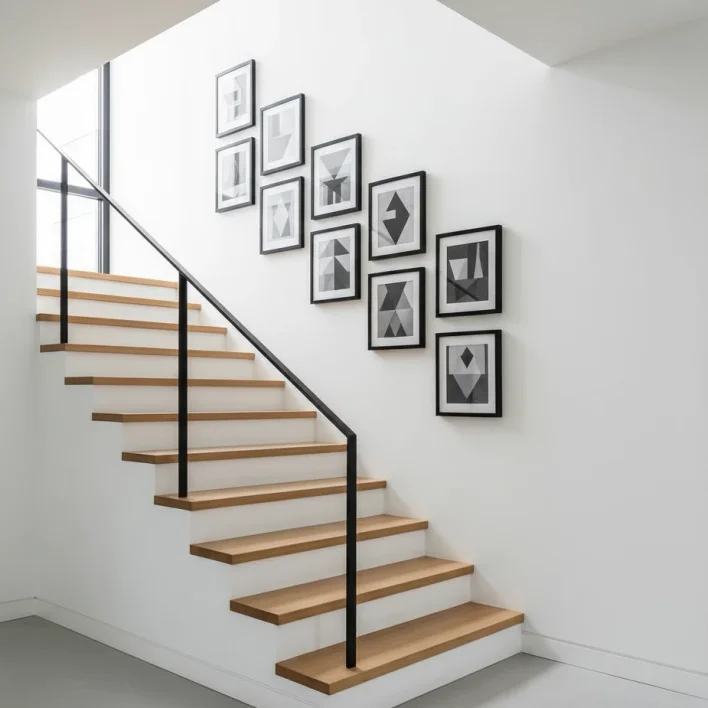  Ascending gallery of monochrome geometric frames along white modern stairs