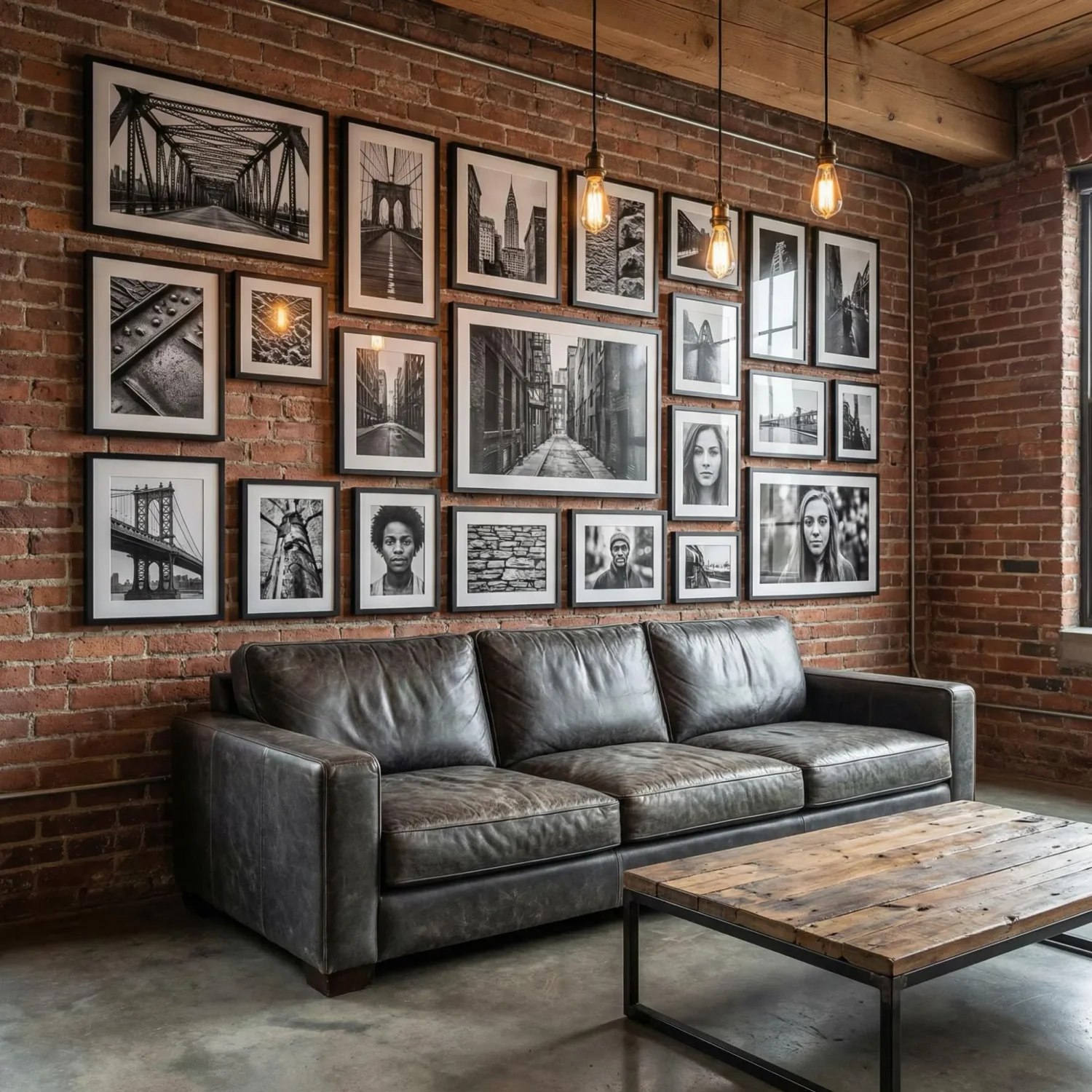 Industrial living room with black and white framed photos