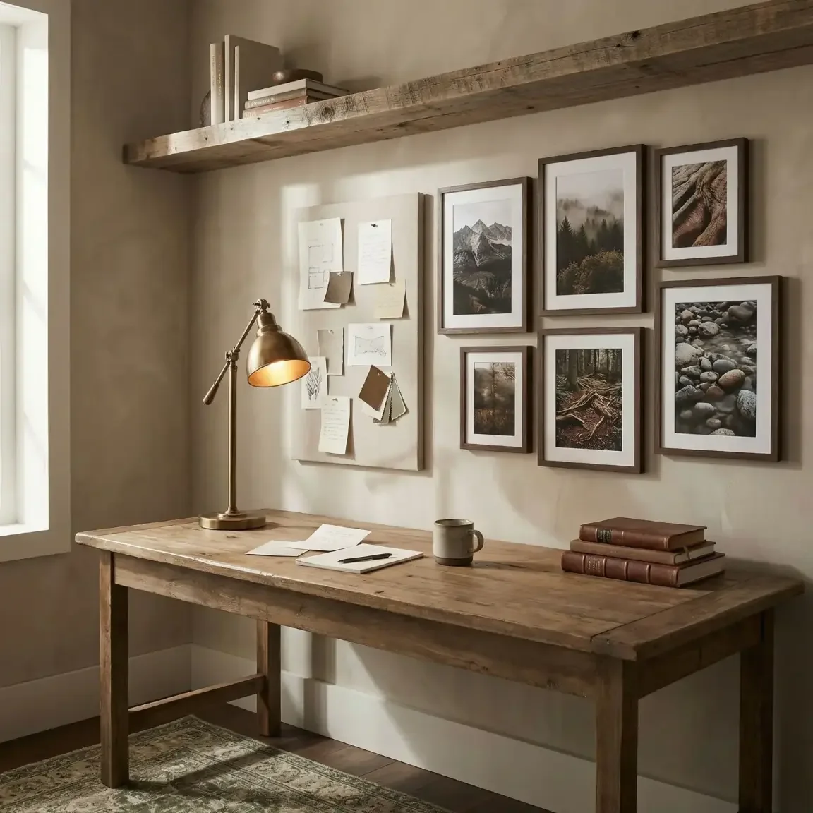 Rustic home office with pinboard and nature framed photos