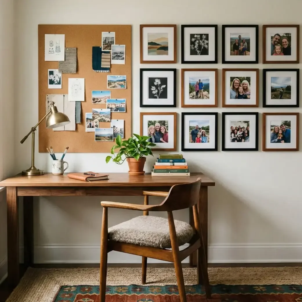 Home office desk with corkboard and photo gallery wall