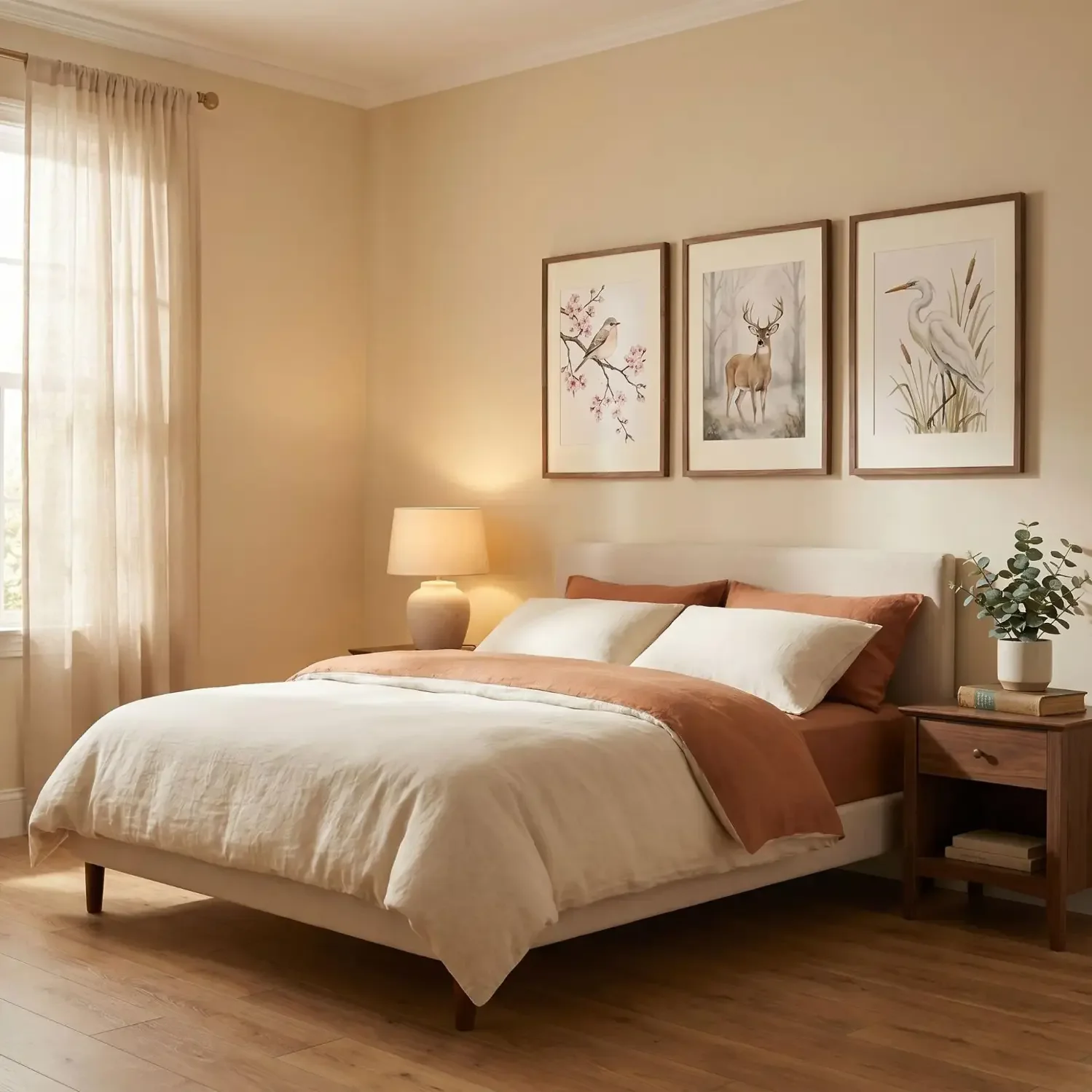 Nature animal framed art above a calm bedroom bed