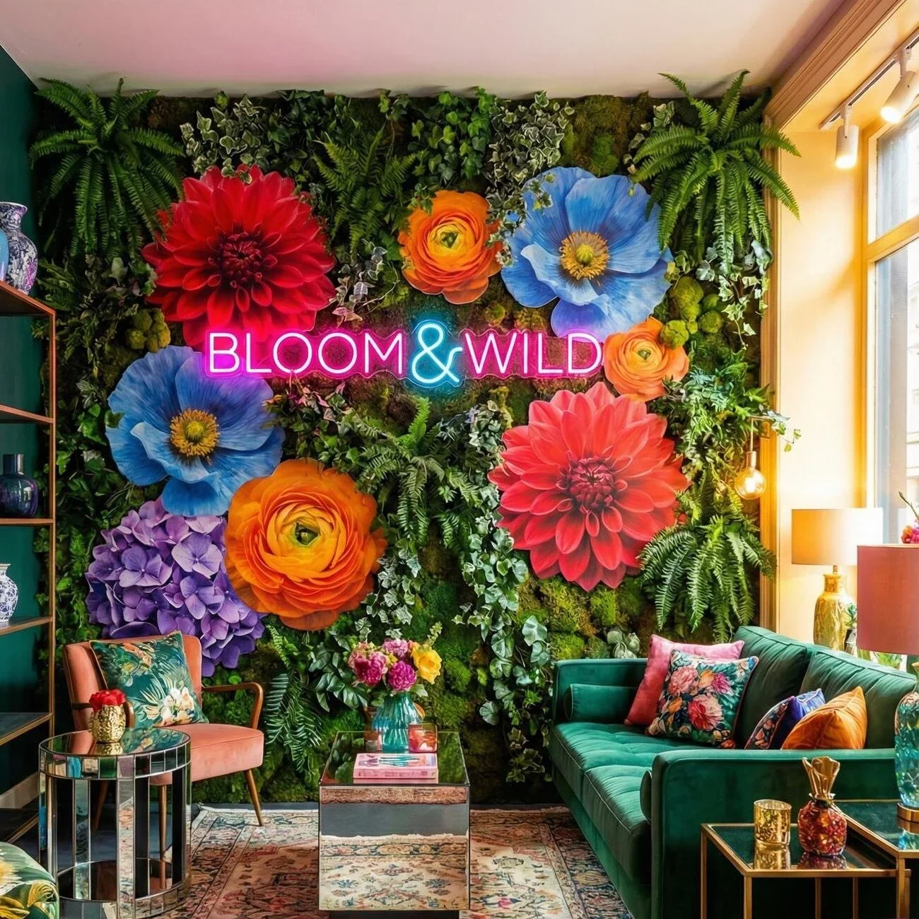 Vibrant floral lounge with neon ‘Bloom & Wild’ sign and bold colors.