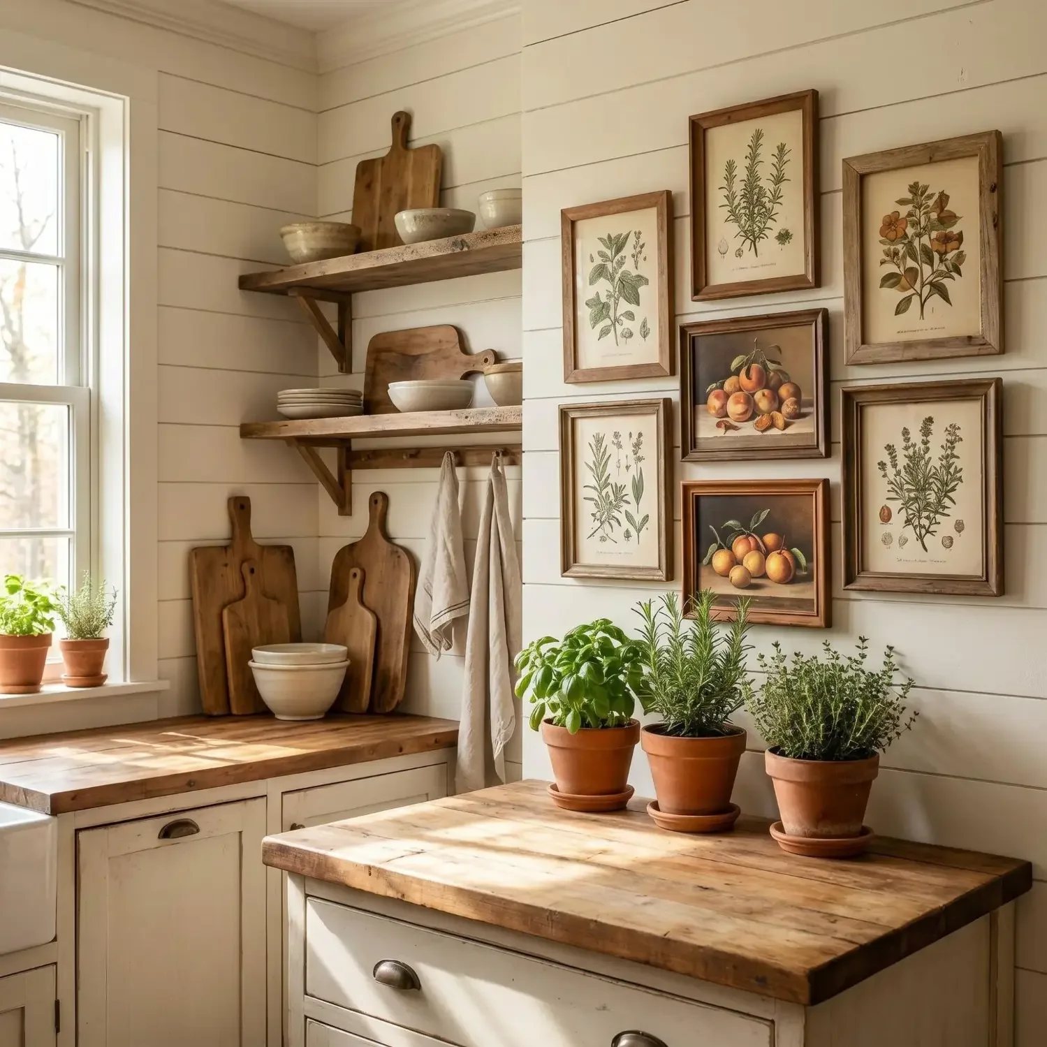 Farmhouse kitchen with botanical framed pictures