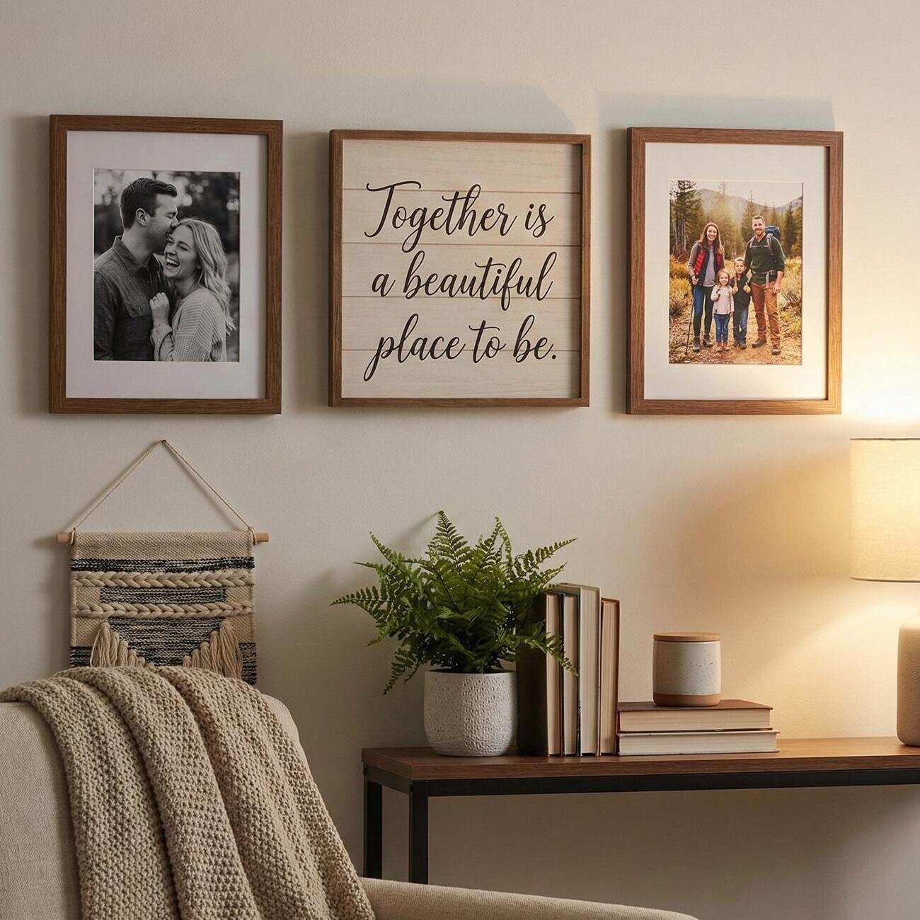 Cozy nook with family photos, wall quote, and warm neutral decor