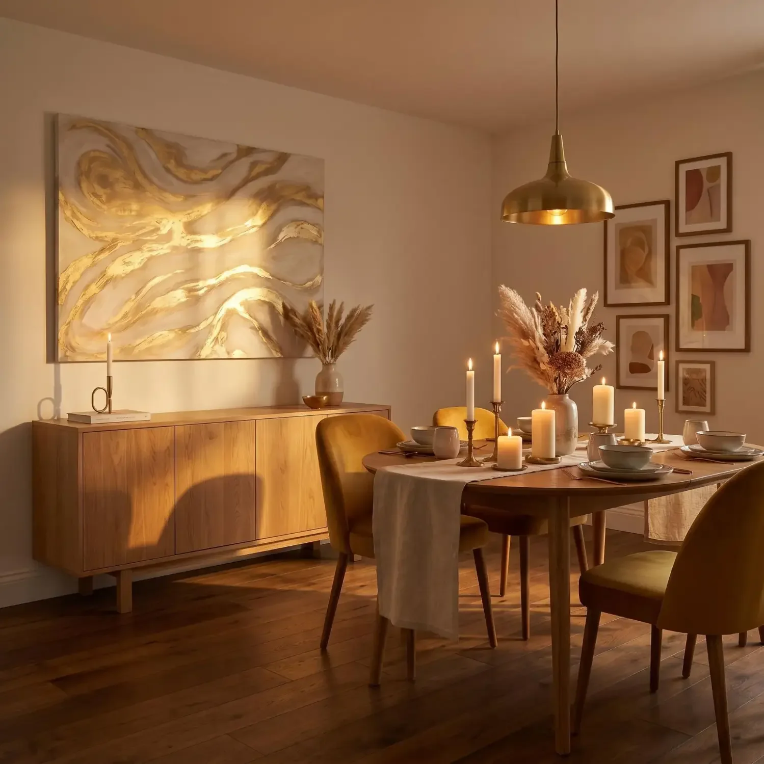 Gold abstract wall art in warm dining room
