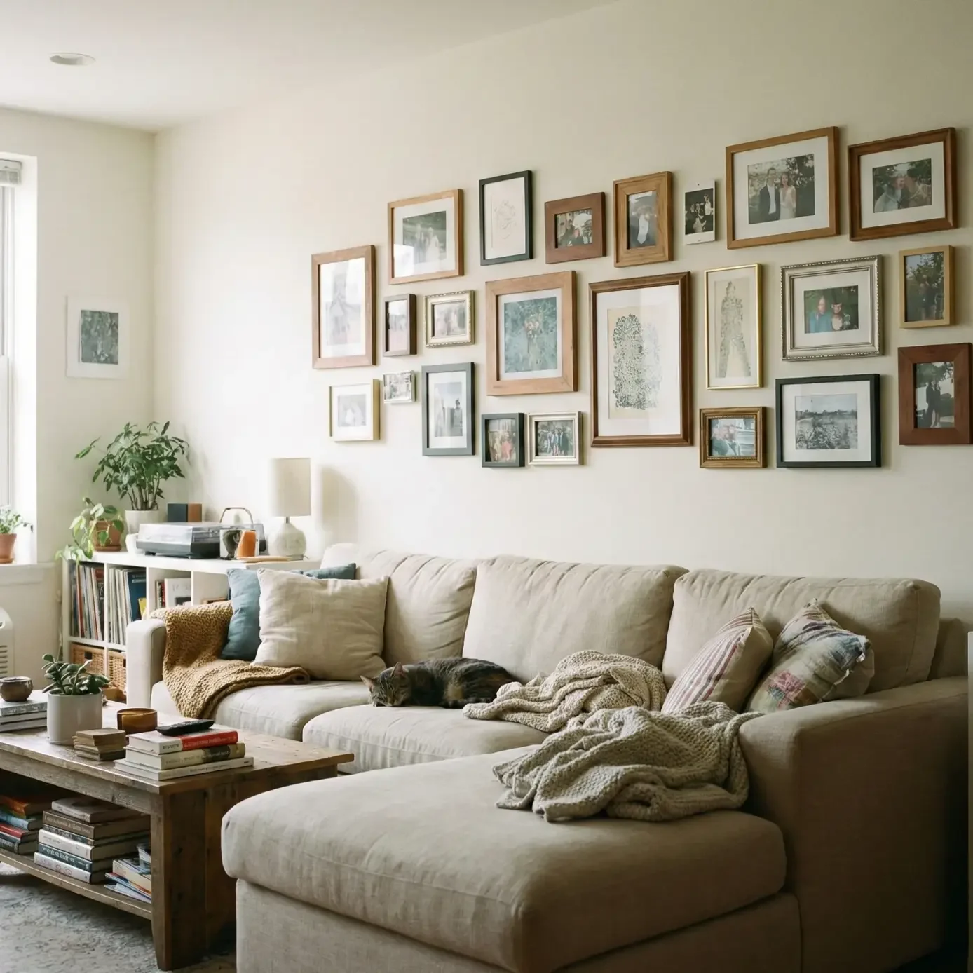 Cozy living room with gallery wall and cat napping on sofa.