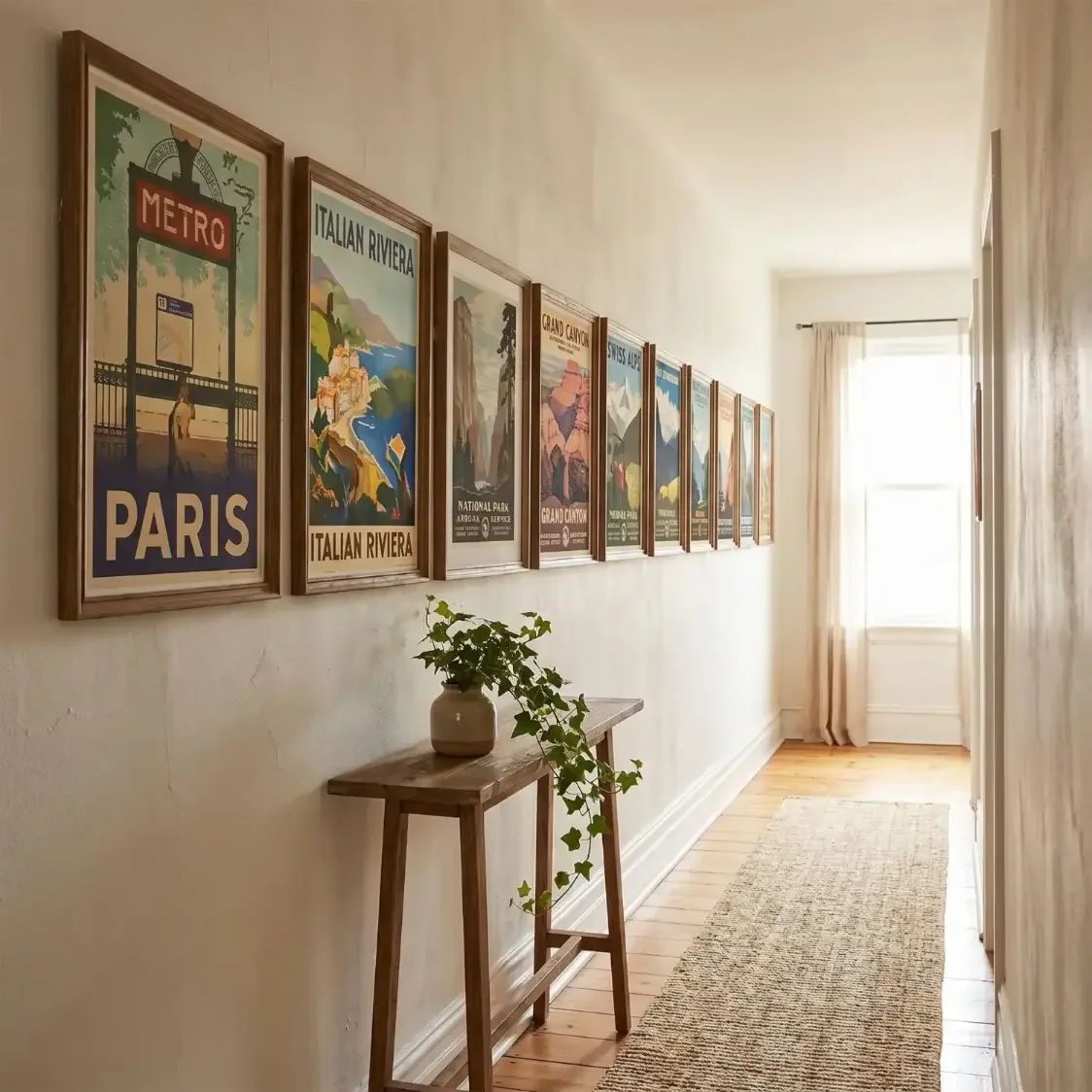 Hallway gallery wall with vintage travel prints