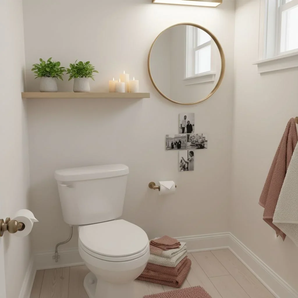 Tiny bathroom with shelf, mirror, and coordinated textiles