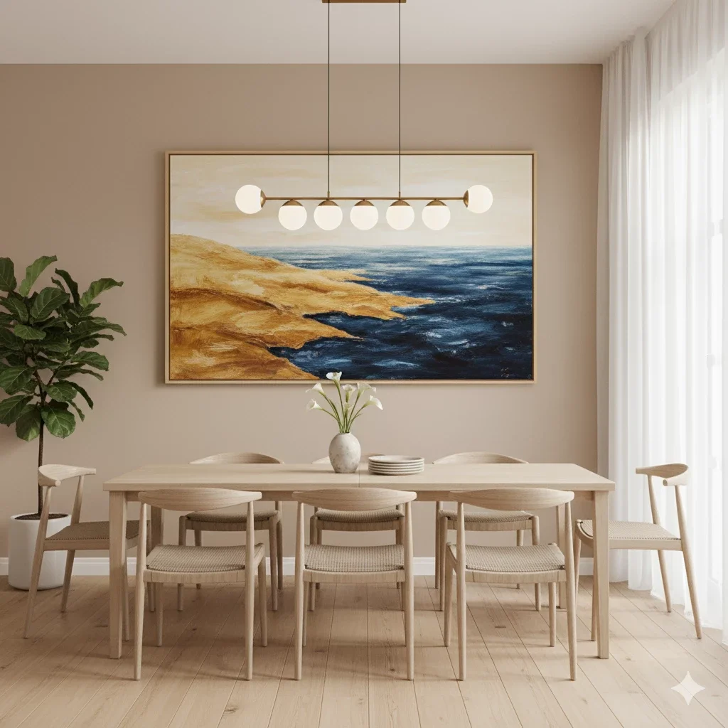 modern dining room with coastal art over table