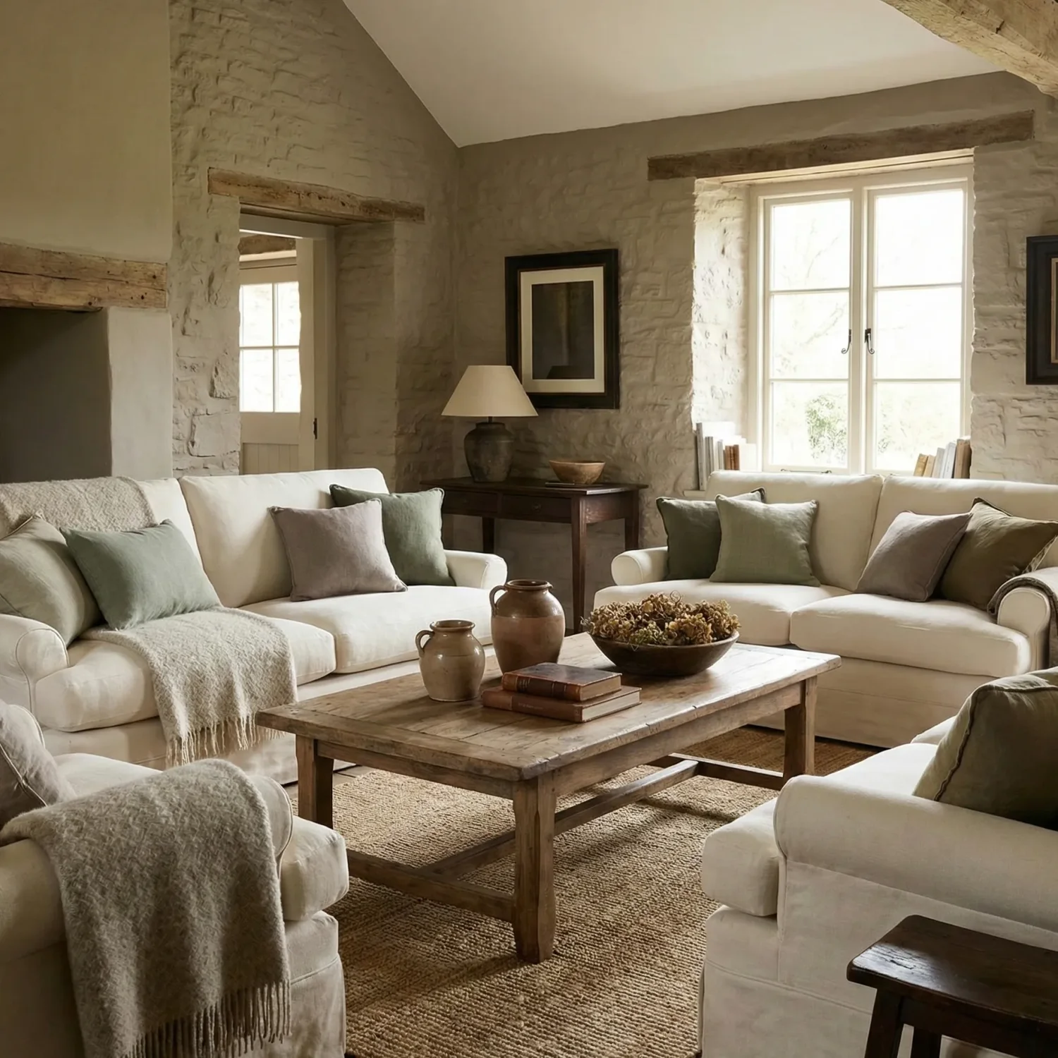 Neutral farmhouse lounge with wooden coffe table and pillows.