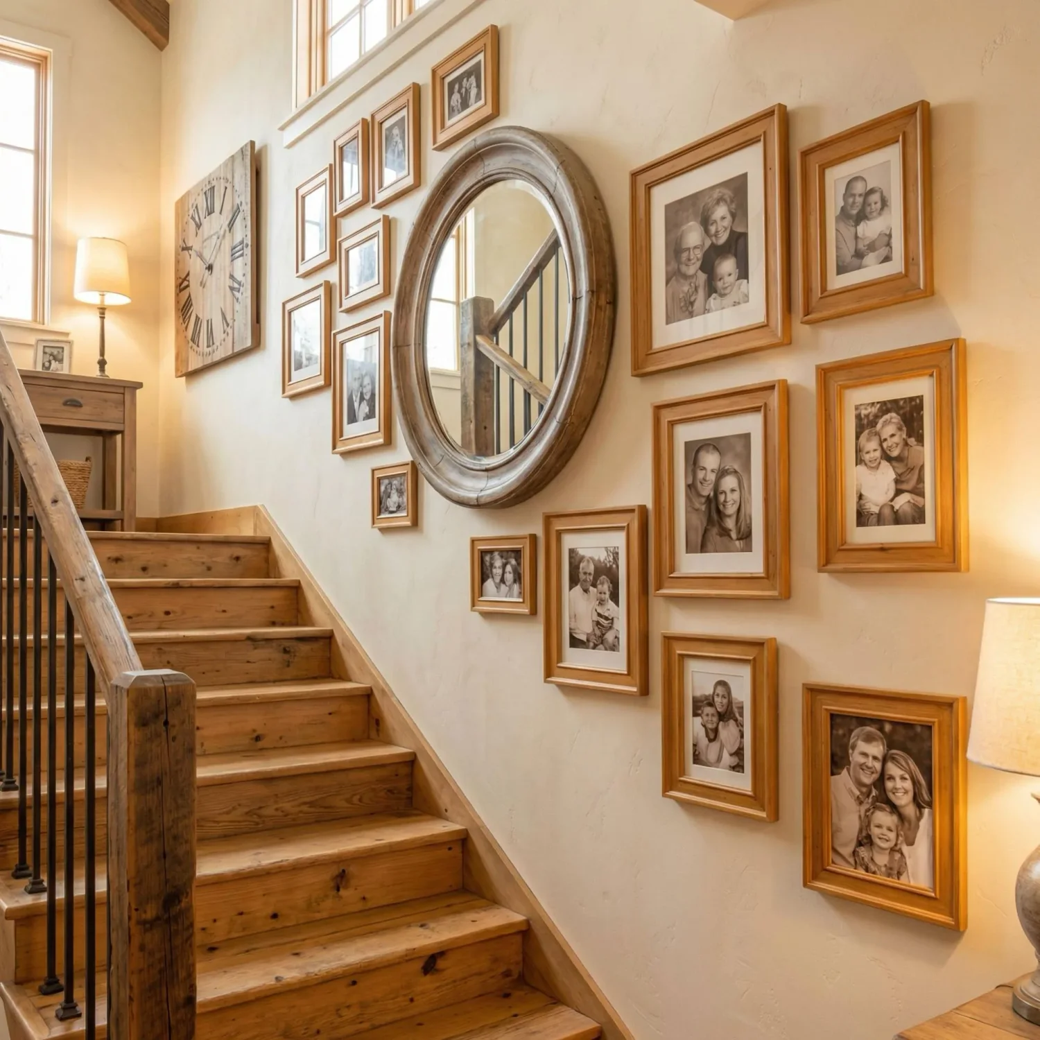 Farmhouse staircase with wood frames and sepia photos