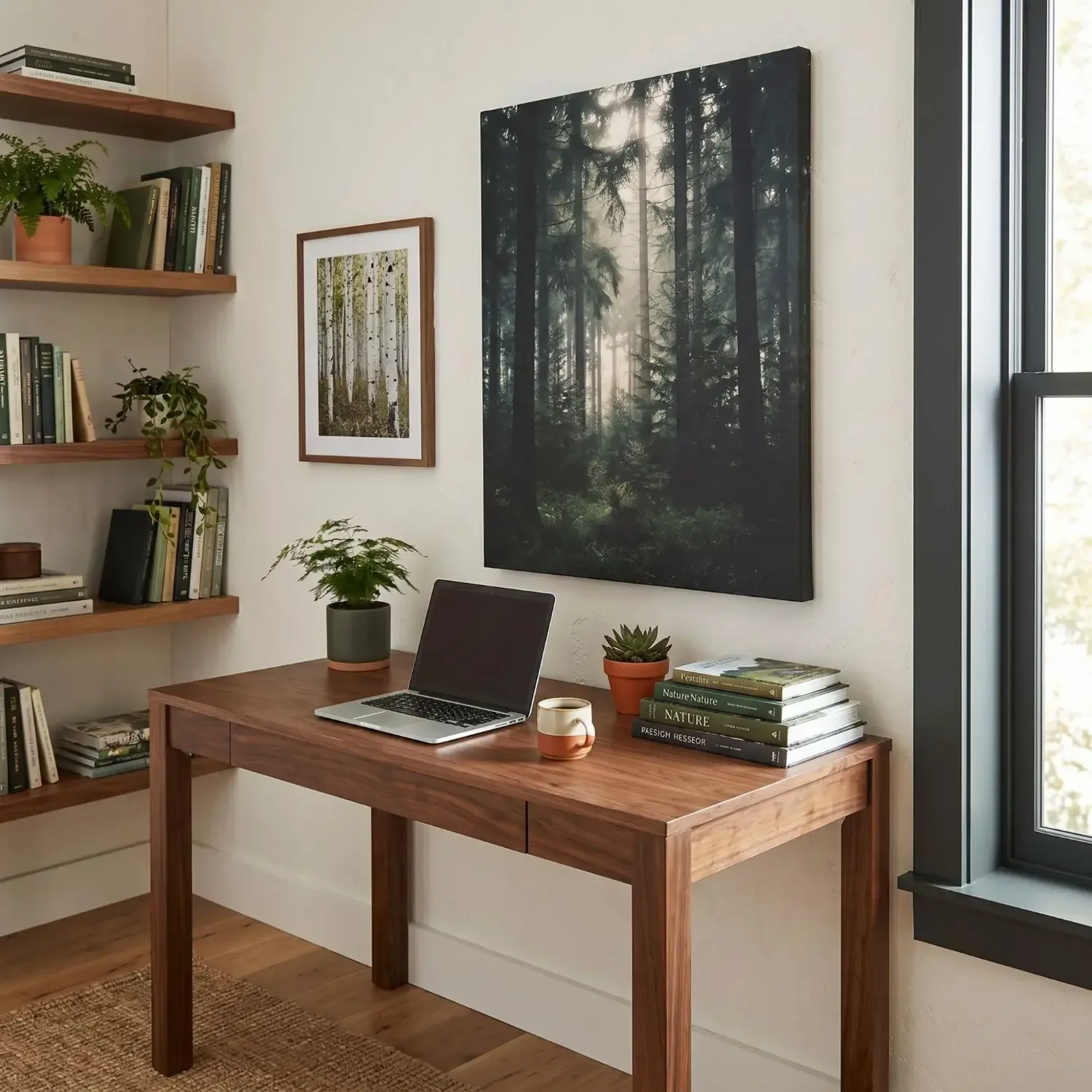 Pine forest canvas print in stylish home office