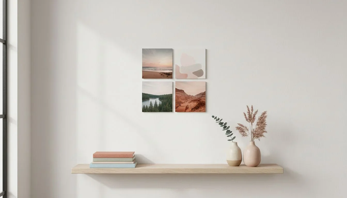 Floating shelf below a compact 2x2 photo tile grid