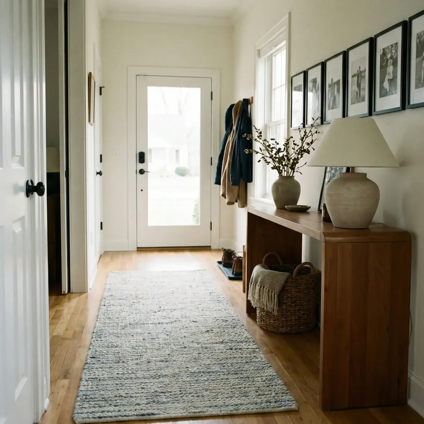 Cozy entryway hallway with console table, lamp, and runner rug