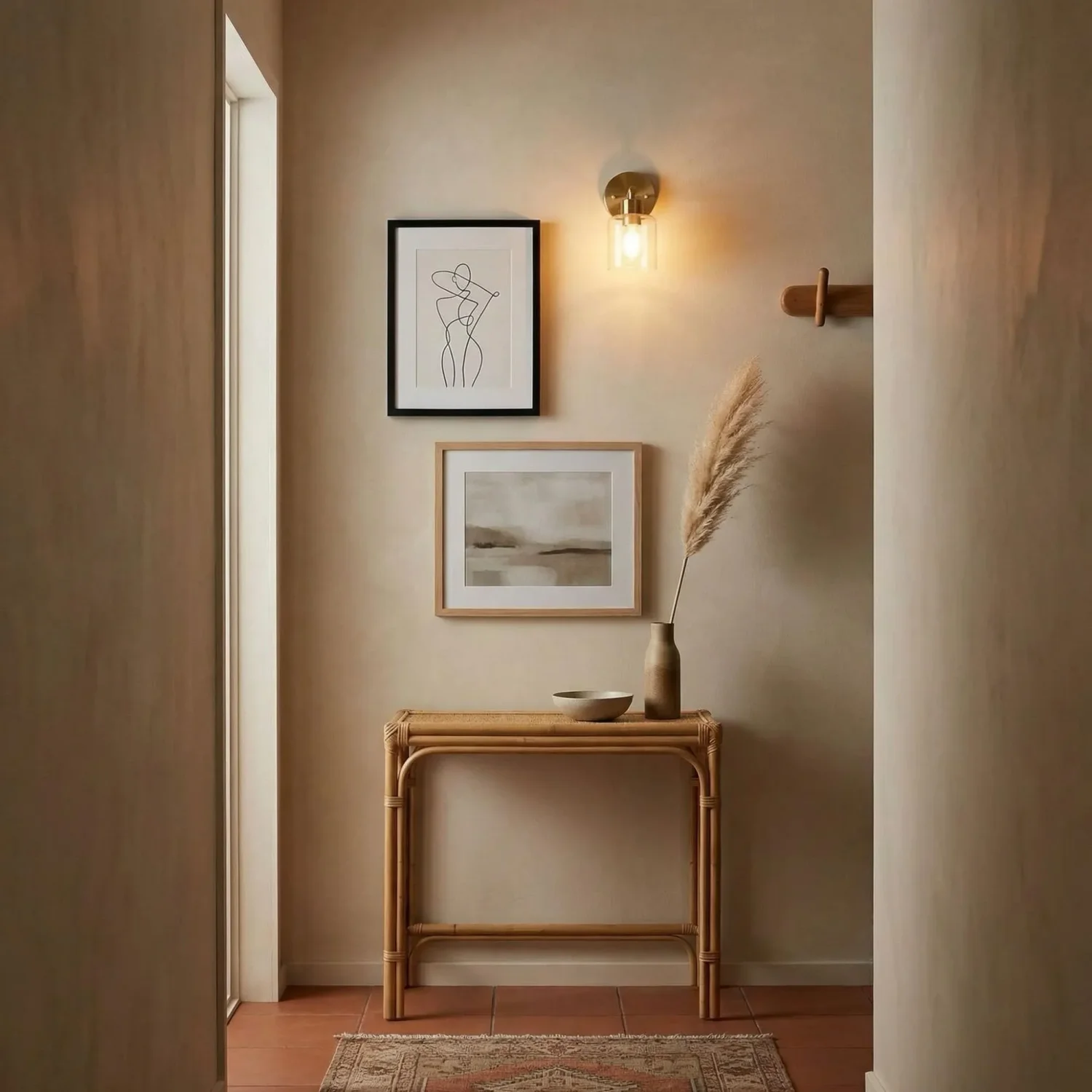 Offset stack of framed pictures in MCM entryway