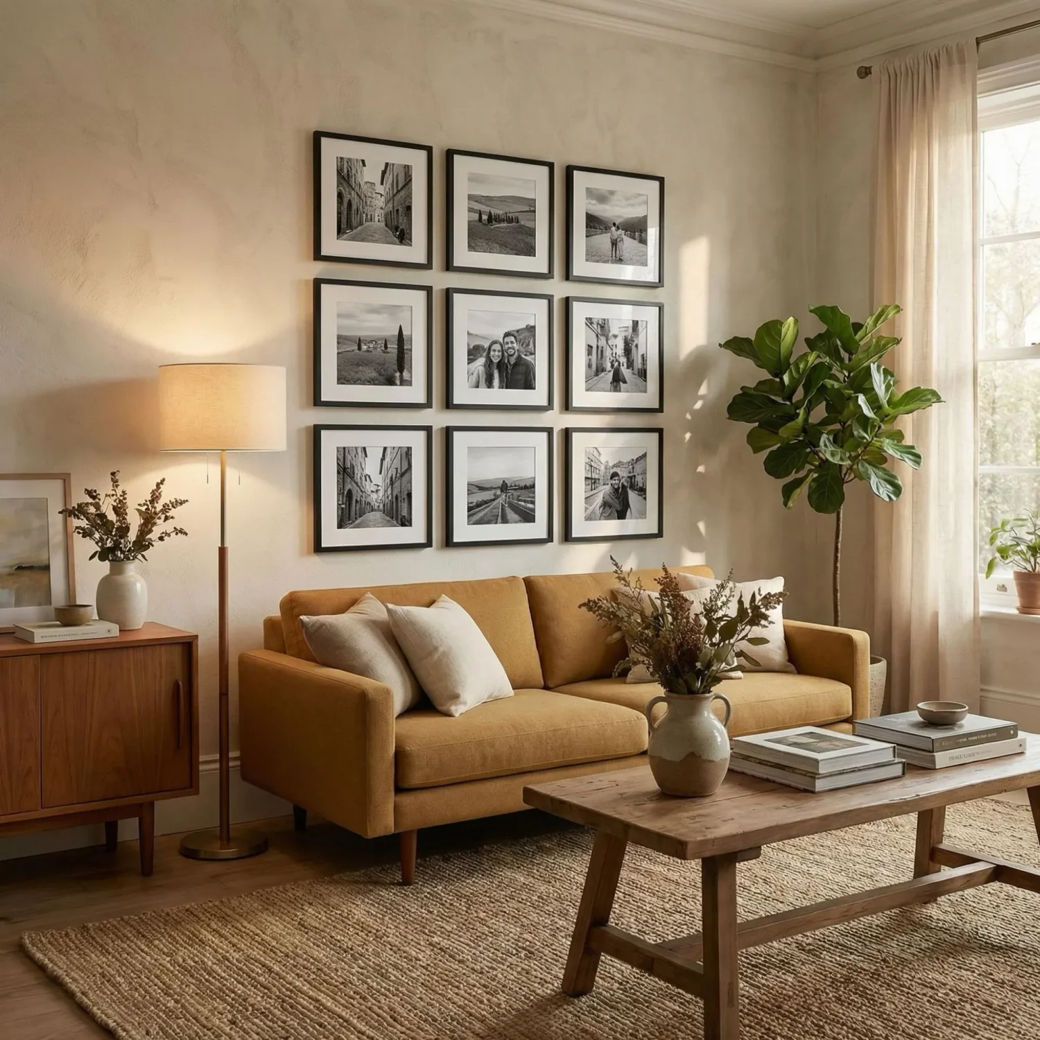 Symmetric 3x3 framed photo grid above sofa