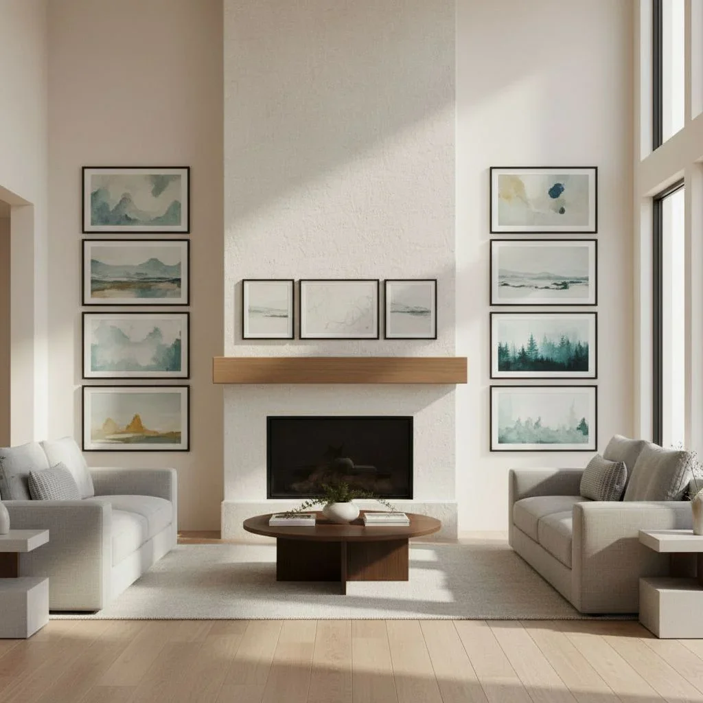 Symmetrical art columns flanking tall fireplace