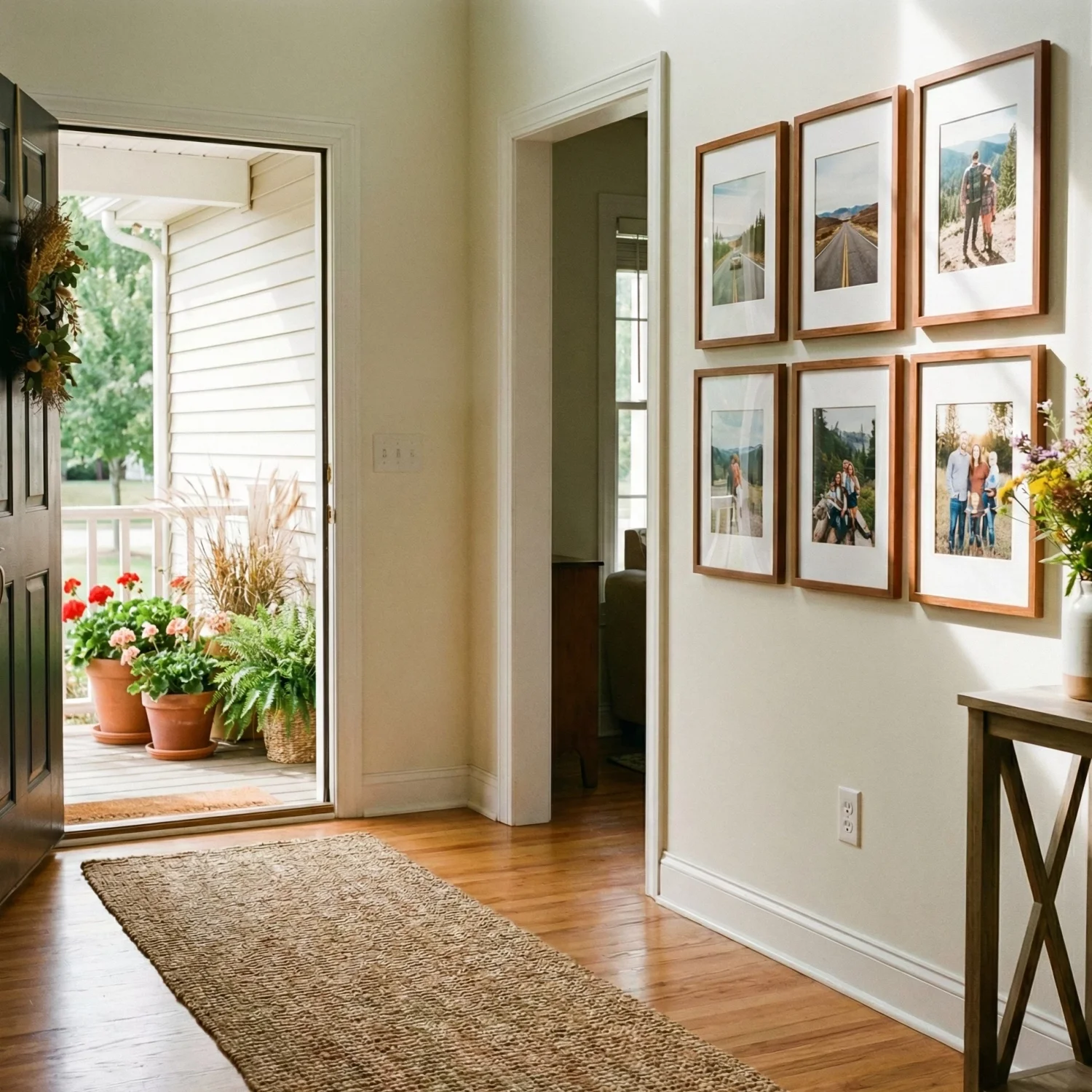 Welcoming entryway with wooden floors and framed family photos