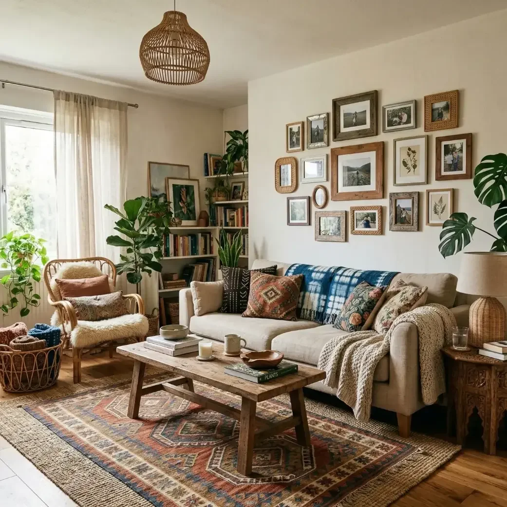 Boho living room with gallery wall, plants, and neutral sofa