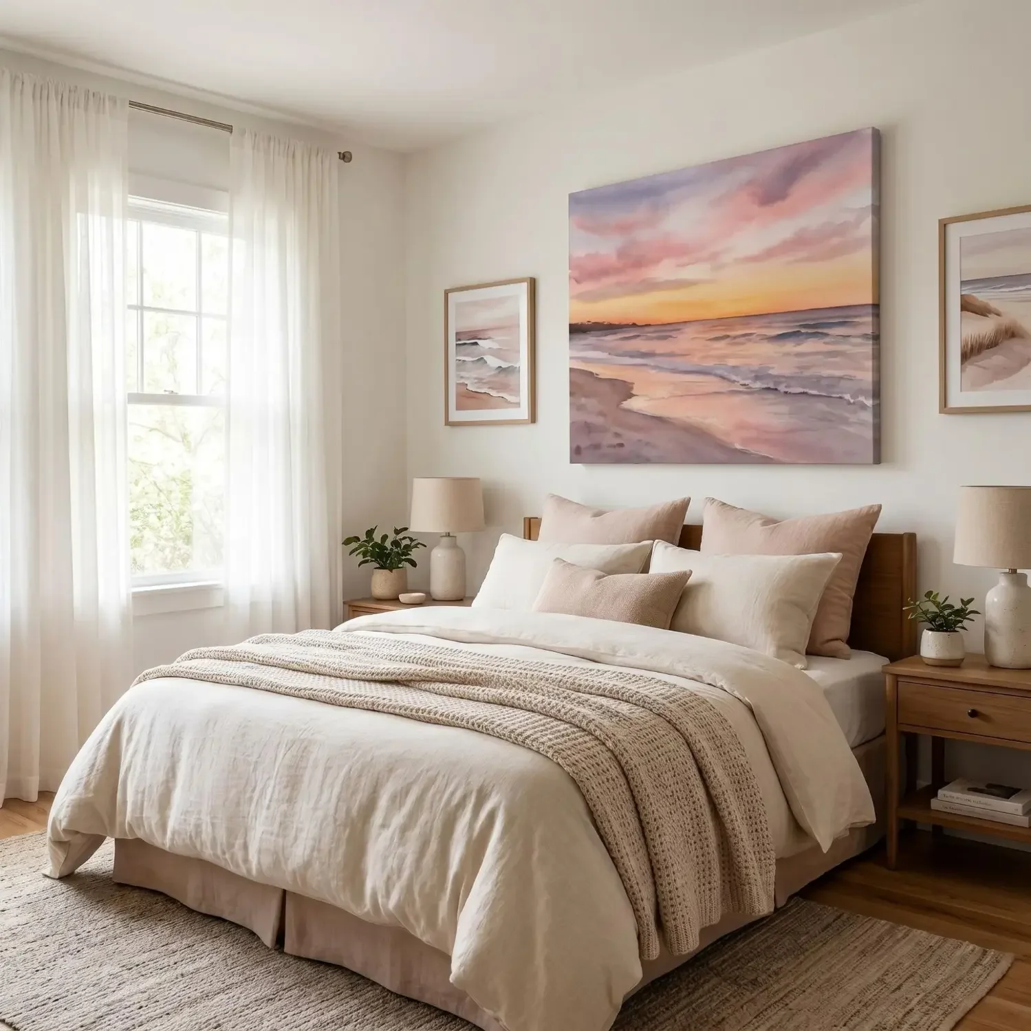 Frameless beach sunset art above bedroom bed