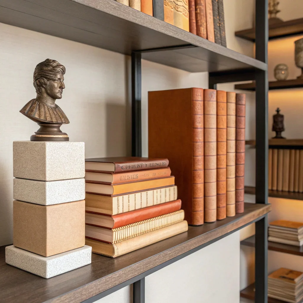 Styled shelf showing books used as pedestals, including horizontal stacks, supporting decorative objects.