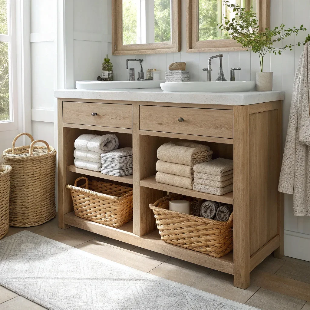Compact bathroom vanity with open shelving and organized baskets.