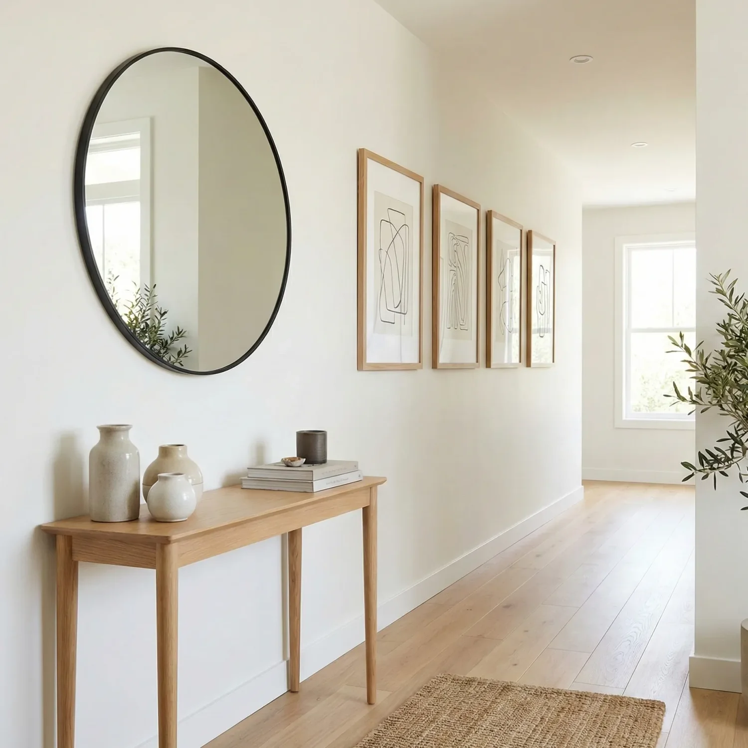 Minimal neutral entry hall with slim console and gallery art
