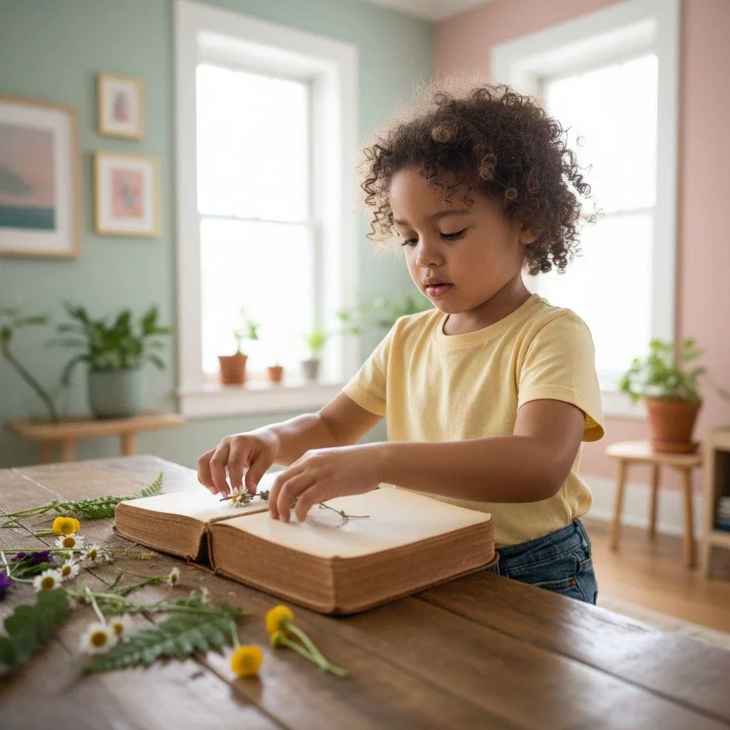child presses flowers inside open scrapbook on table