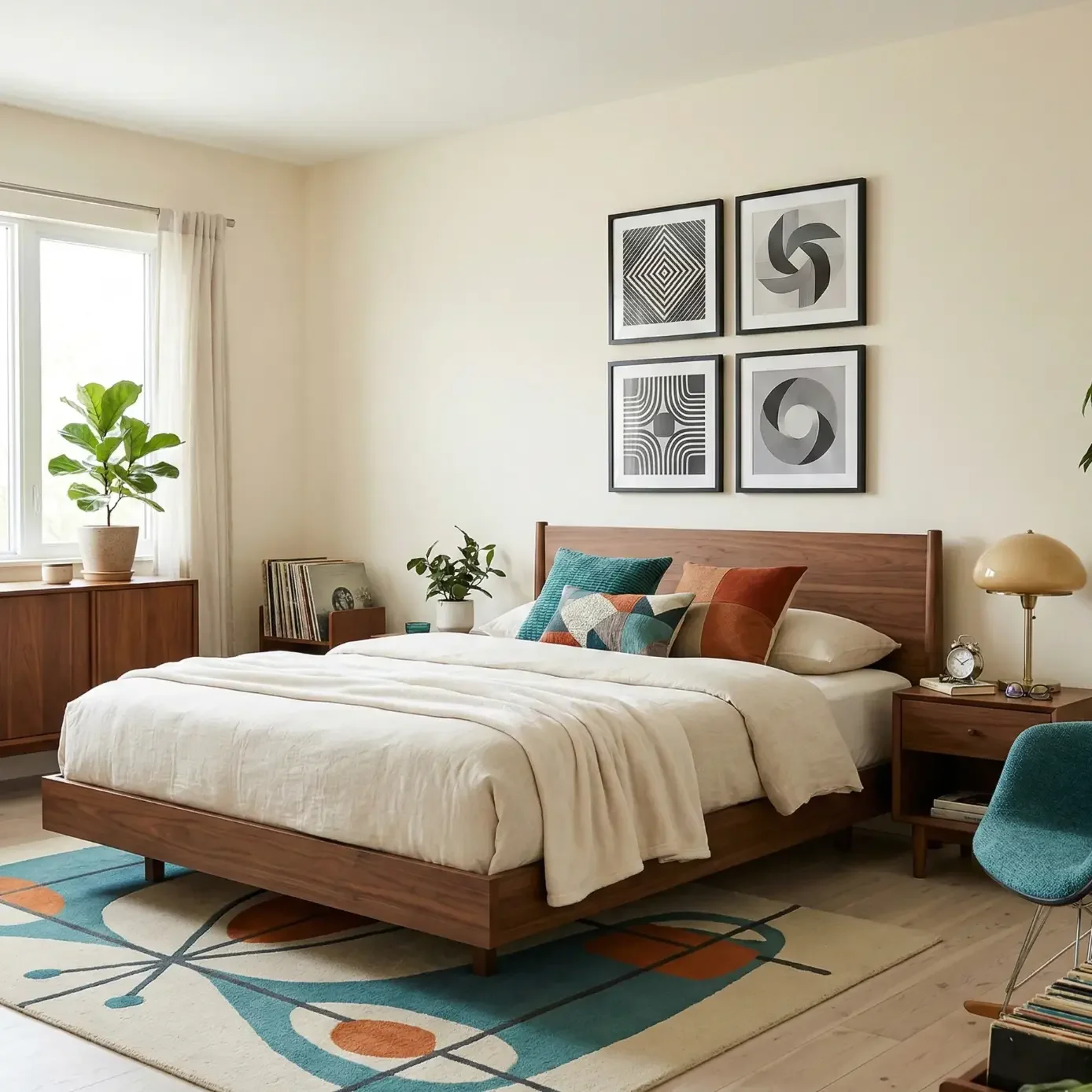 Mid-century bedroom with geometric art and teal, cream accents