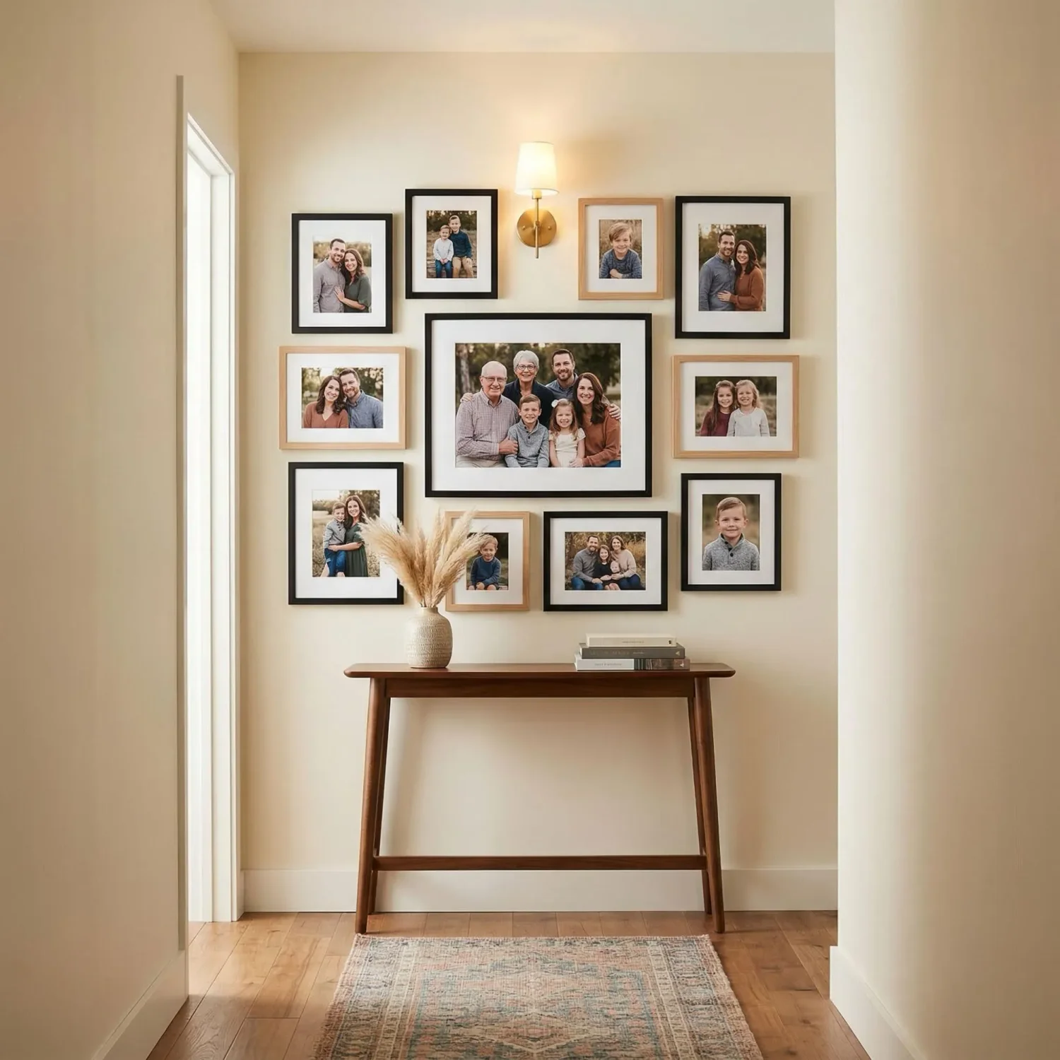 Medium framed portraits on a hallway gallery wall