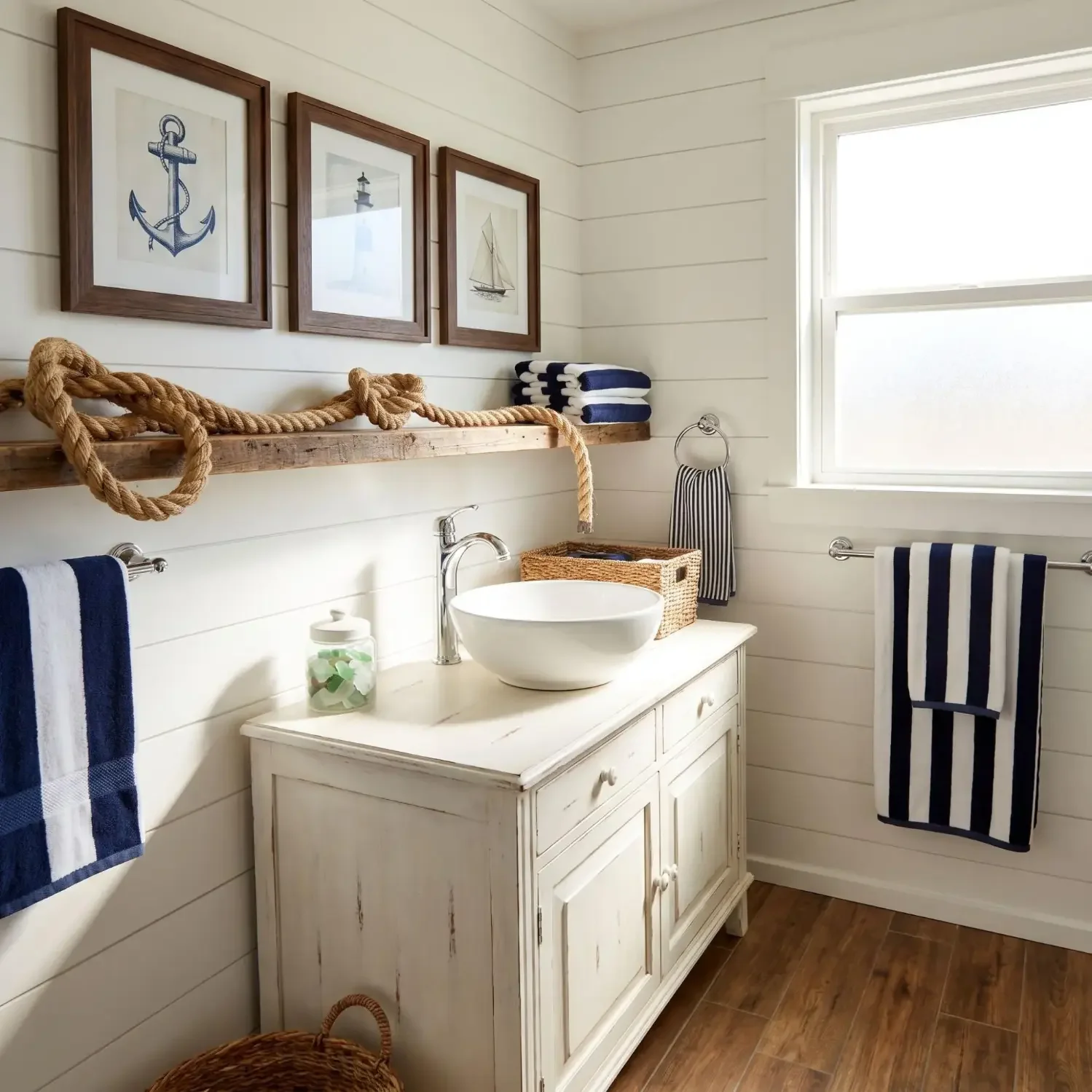Nautical bathroom with anchor and lighthouse framed art